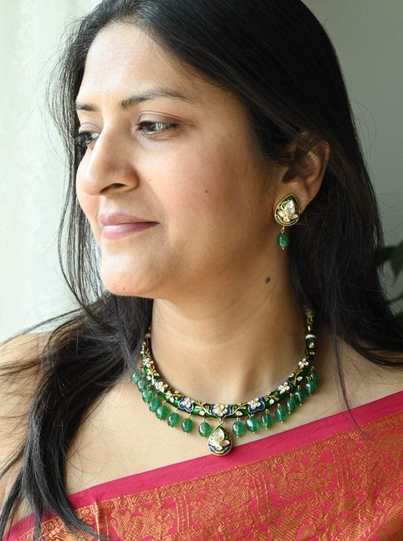 Meen Manjari - Handcrafted 92.5 Silver Meenakari Hasli with Earrings