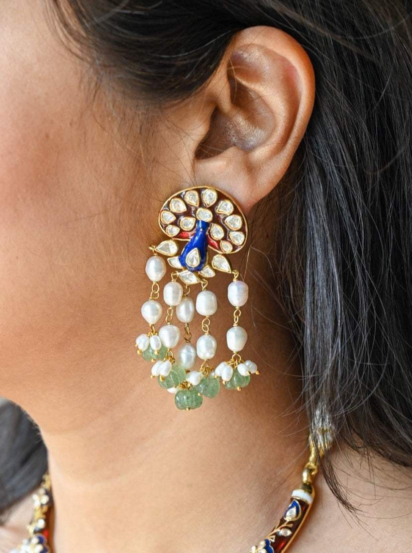 Peacock Theme Red & Blue Handcrafted 92.5 Silver Meenakari Earrings