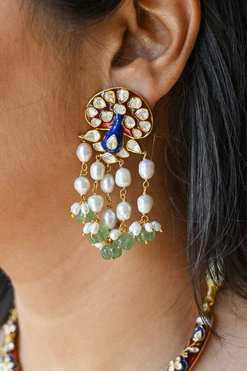 Peacock Theme Red & Blue Handcrafted 92.5 Silver Meenakari Earrings