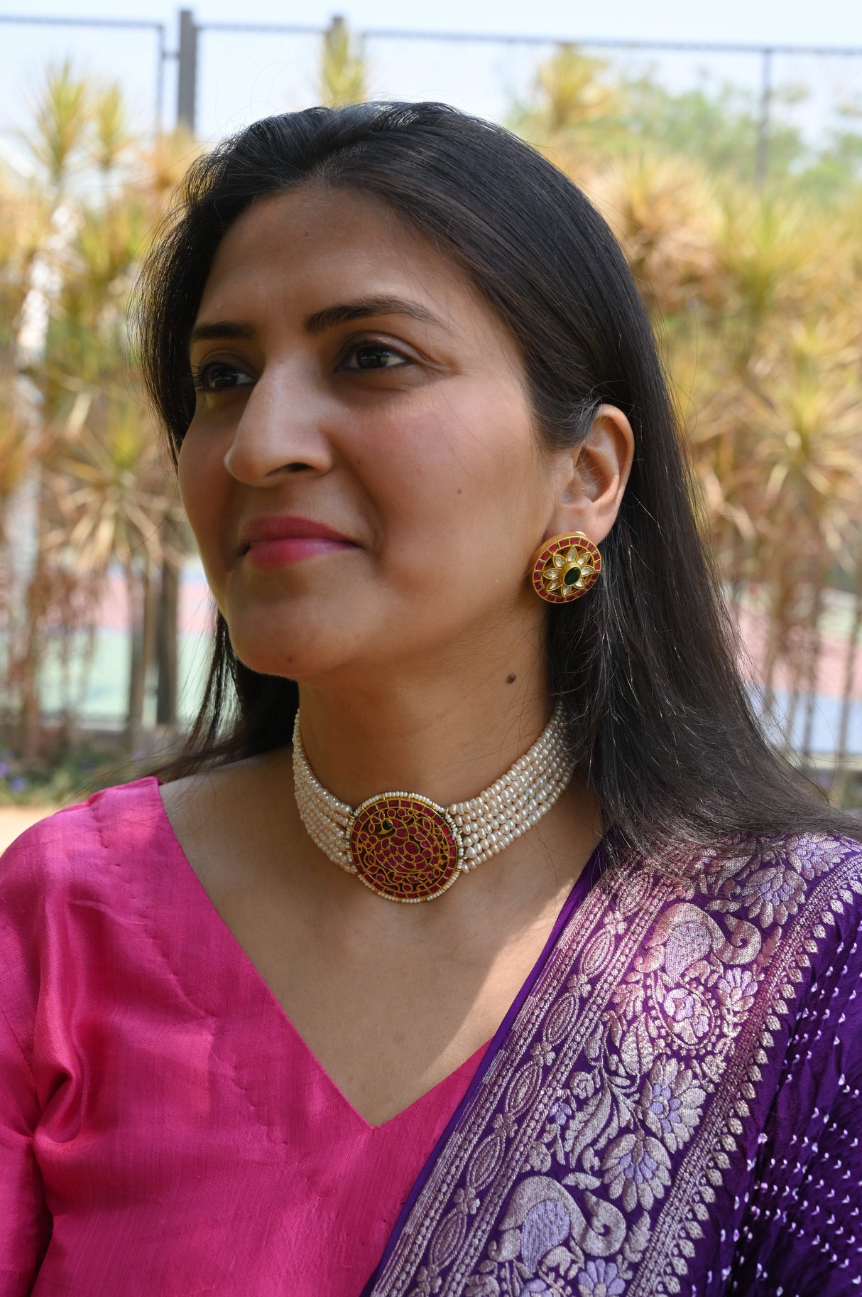 Gulnaar Pearl Kundan Setting Handcrafted 92.5 Silver Choker with Earrings