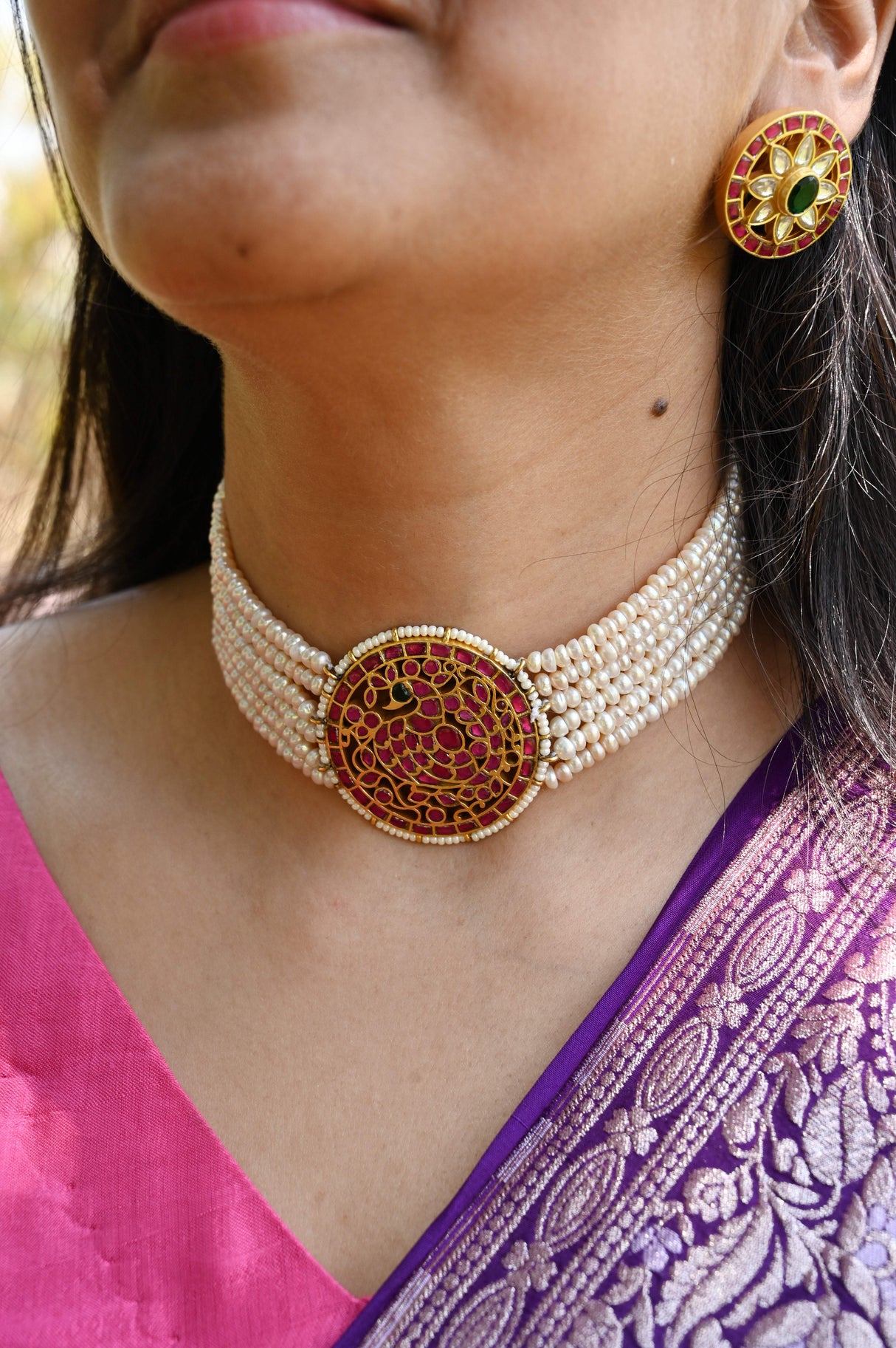 Gulnaar Pearl Kundan Setting Handcrafted 92.5 Silver Choker with Earrings