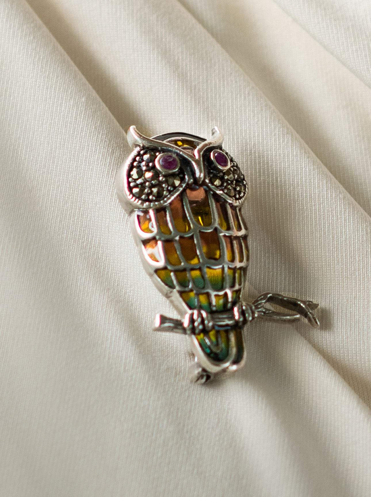 Handcrafted Owl Stained Glass 92.5 Silver Brooch