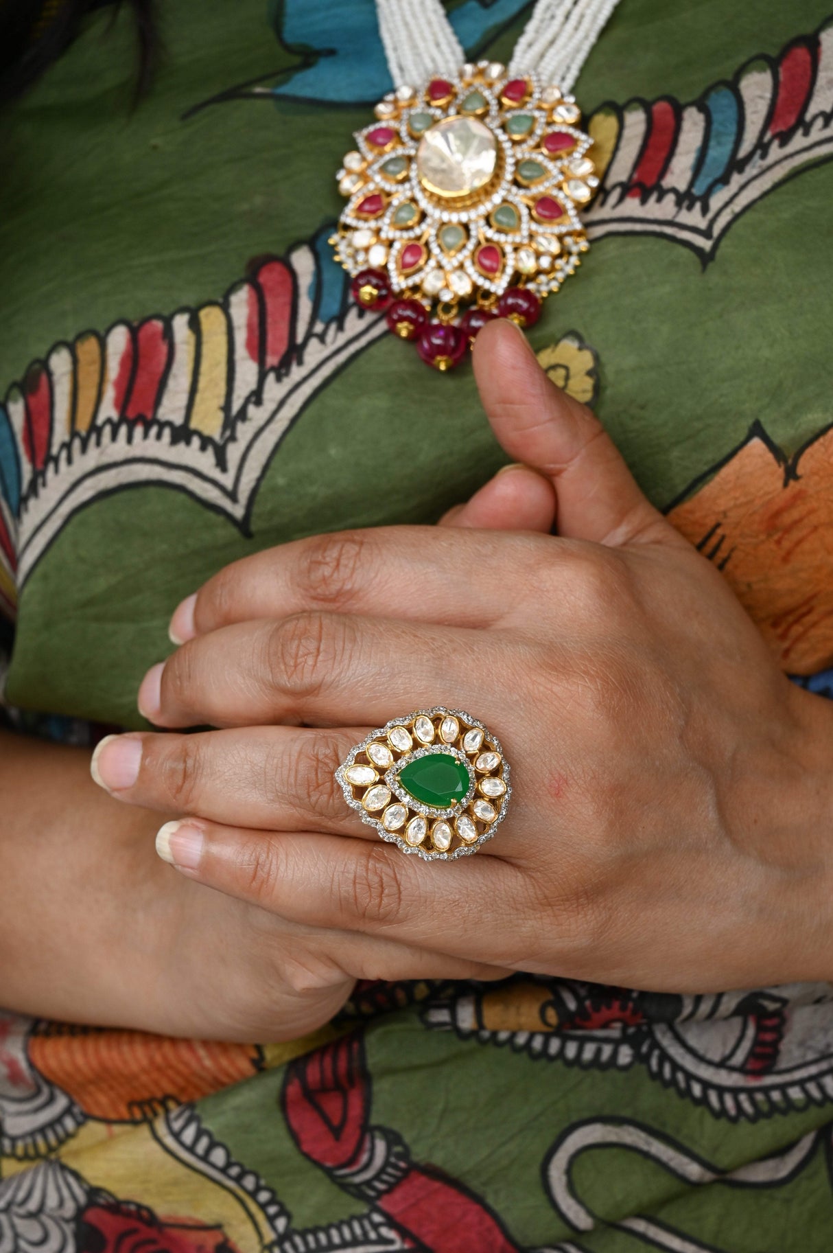 Mughal Muse Handcrafted Adjustable 92.5 Silver Ring with Moissanite polki and Green Onyx Doublet