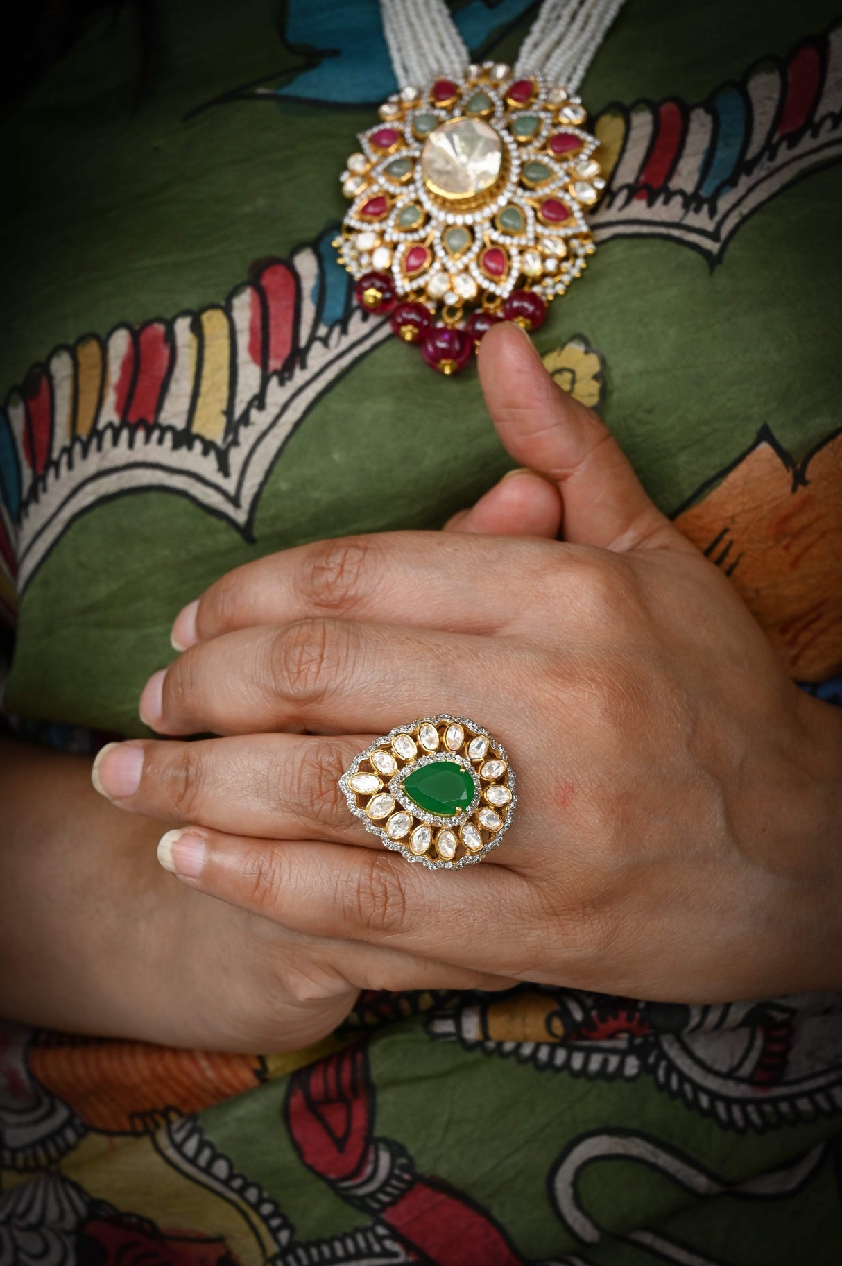 Mughal Muse Handcrafted Adjustable 92.5 Silver Ring with Moissanite polki and Green Onyx Doublet