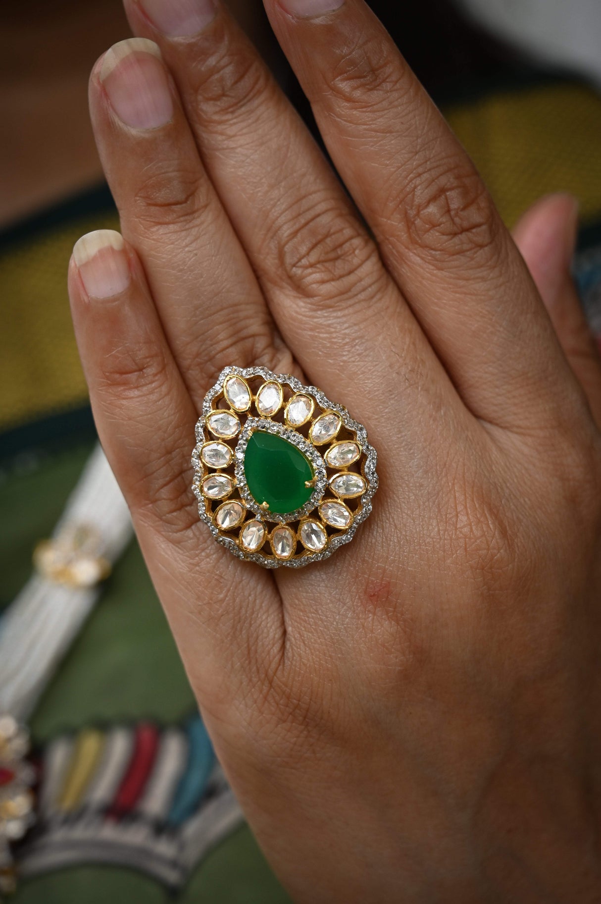 Mughal Muse Handcrafted Adjustable 92.5 Silver Ring with Moissanite polki and Green Onyx Doublet