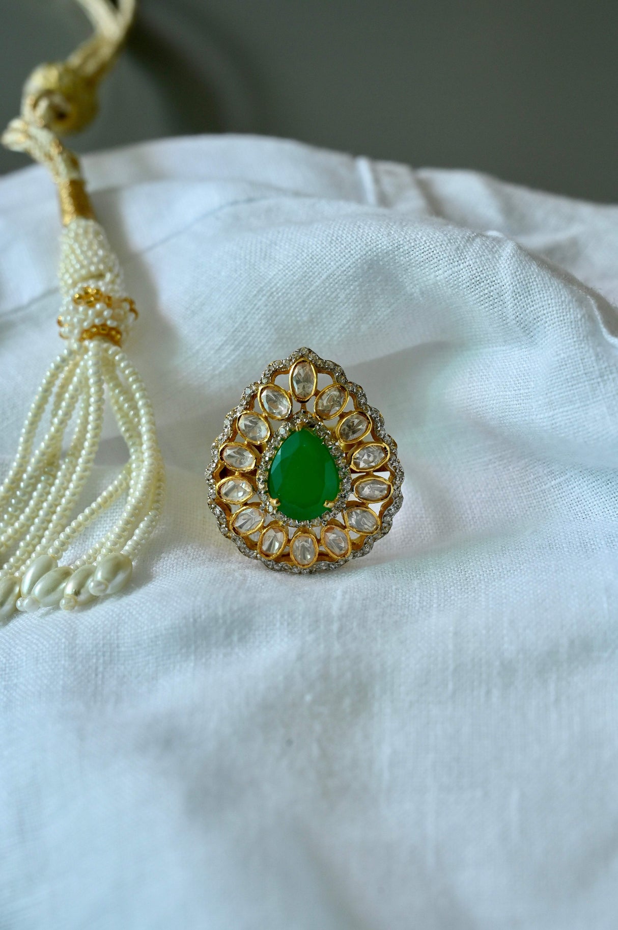 Mughal Muse Handcrafted Adjustable 92.5 Silver Ring with Moissanite polki and Green Onyx Doublet