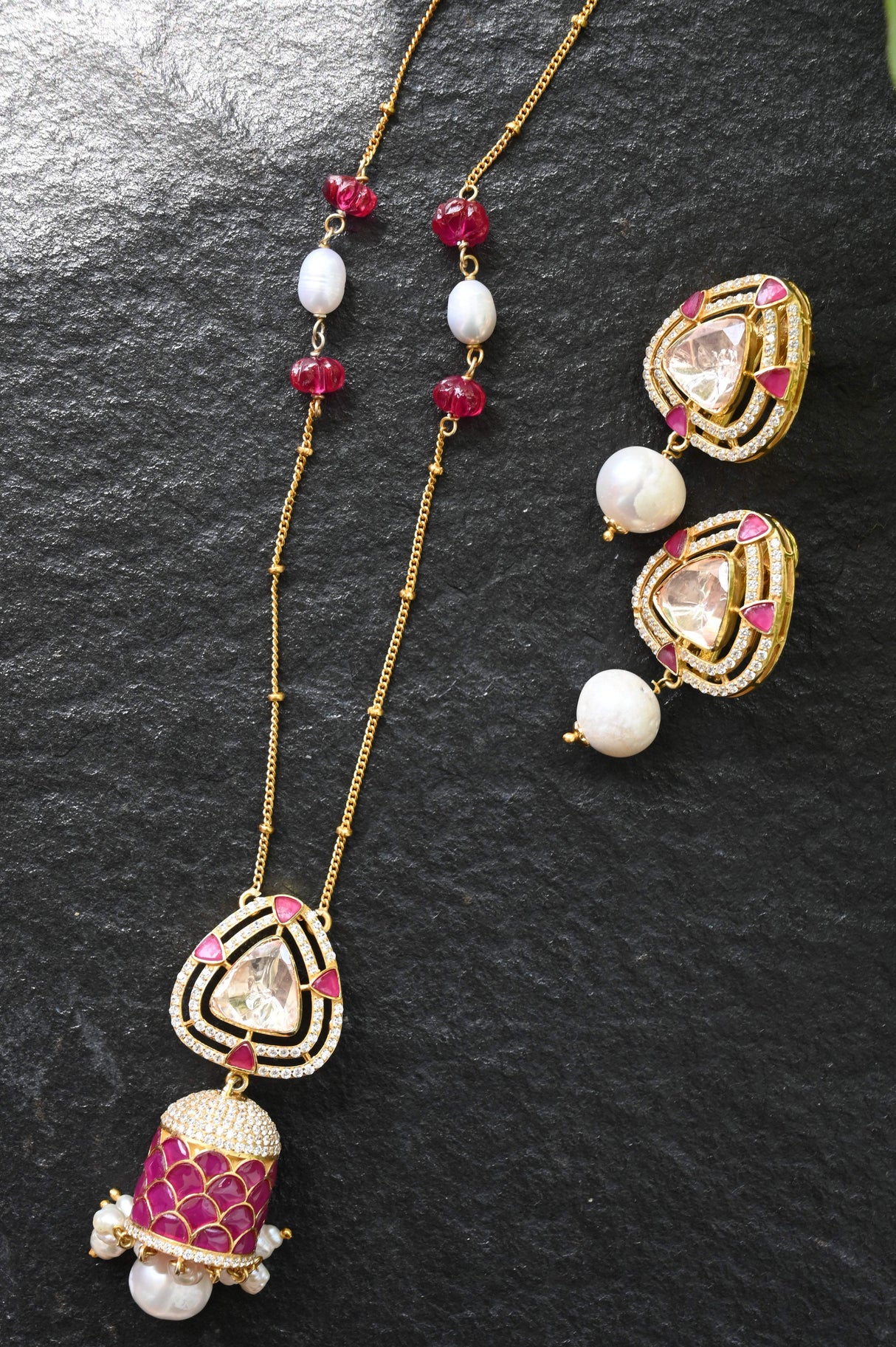 Ruby Royale Pendant Set - Handcrafted 92.5 Silver Pendant and Earring Set with Imitation Red Rubies