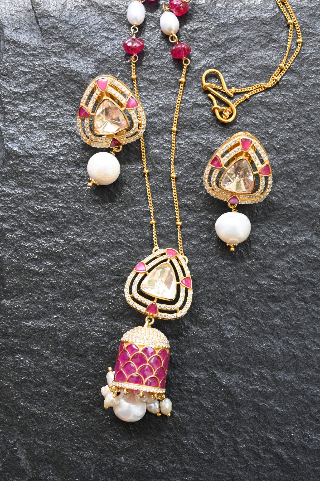 Ruby Royale Pendant Set - Handcrafted 92.5 Silver Pendant and Earring Set with Imitation Red Rubies