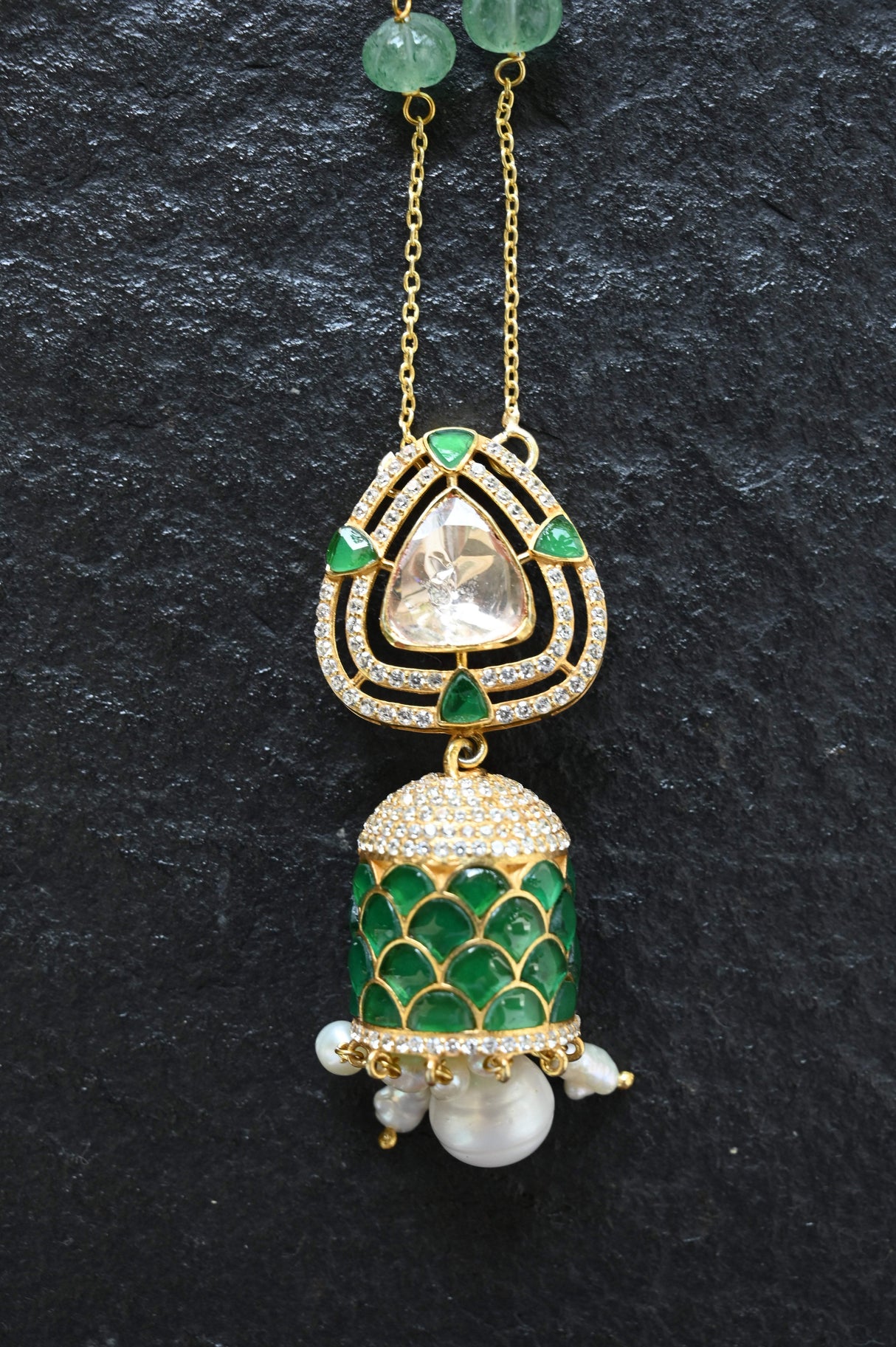 Green Royale Pendant Set - Handcrafted 92.5 Silver Pendant and Earring Set with Imitation Green Emerald