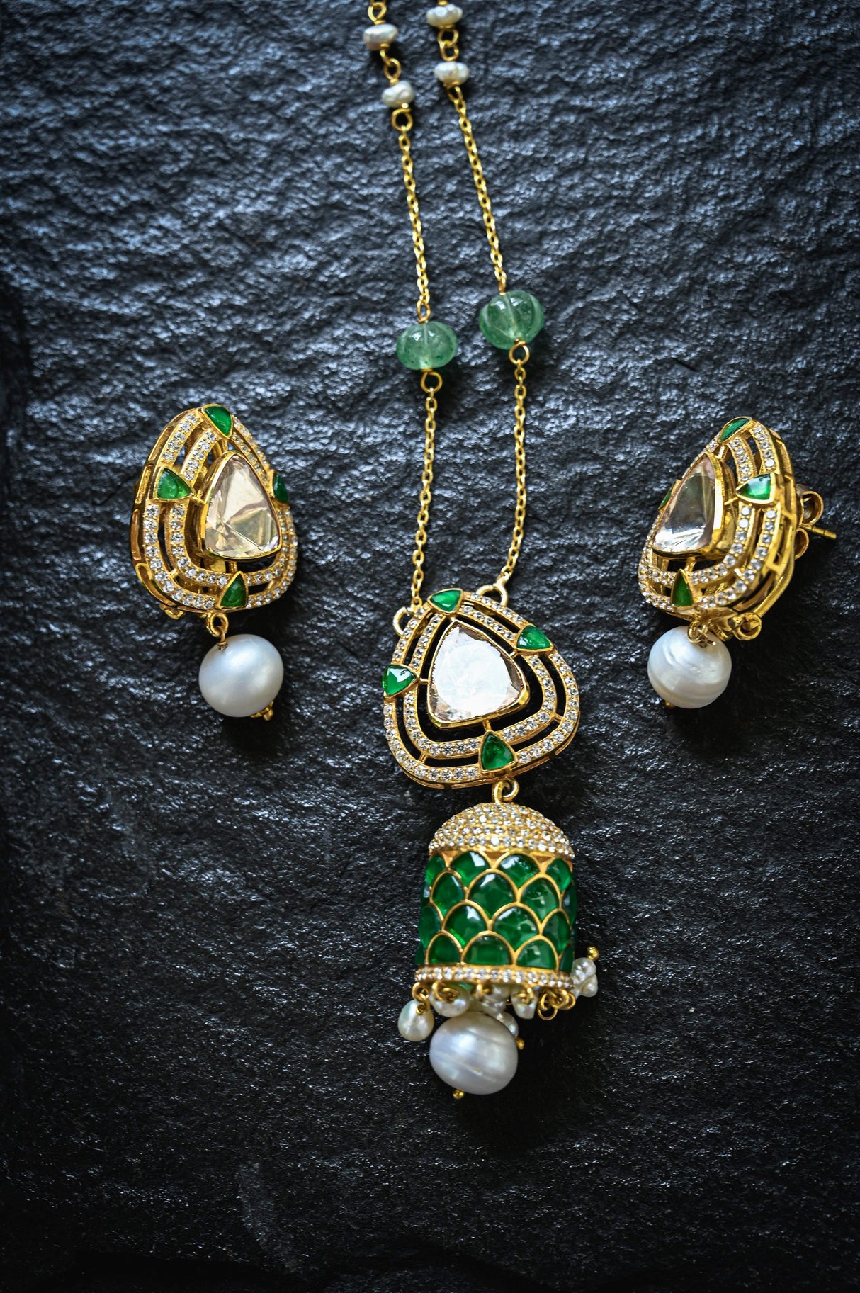 Green Royale Pendant Set - Handcrafted 92.5 Silver Pendant and Earring Set with Imitation Green Emerald