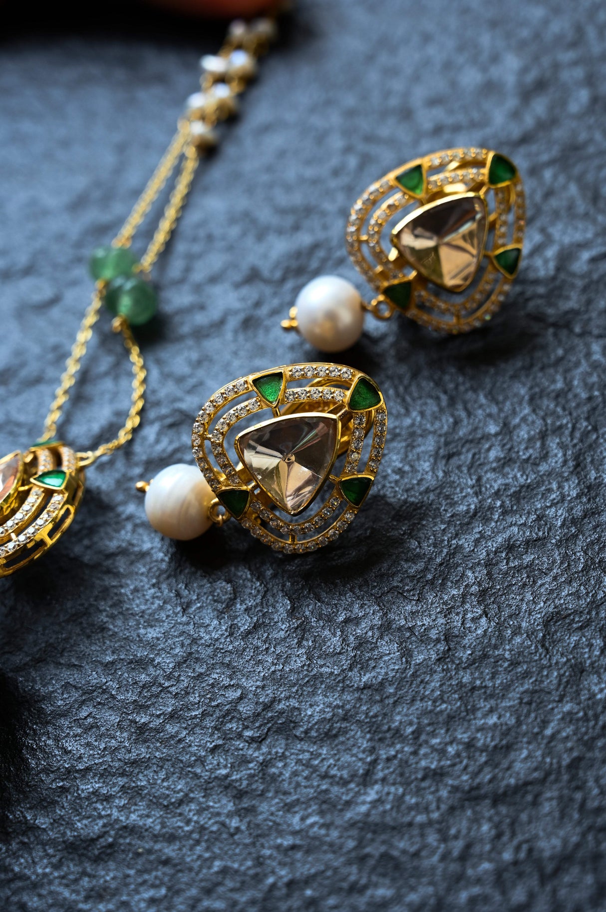 Green Royale Pendant Set - Handcrafted 92.5 Silver Pendant and Earring Set with Imitation Green Emerald