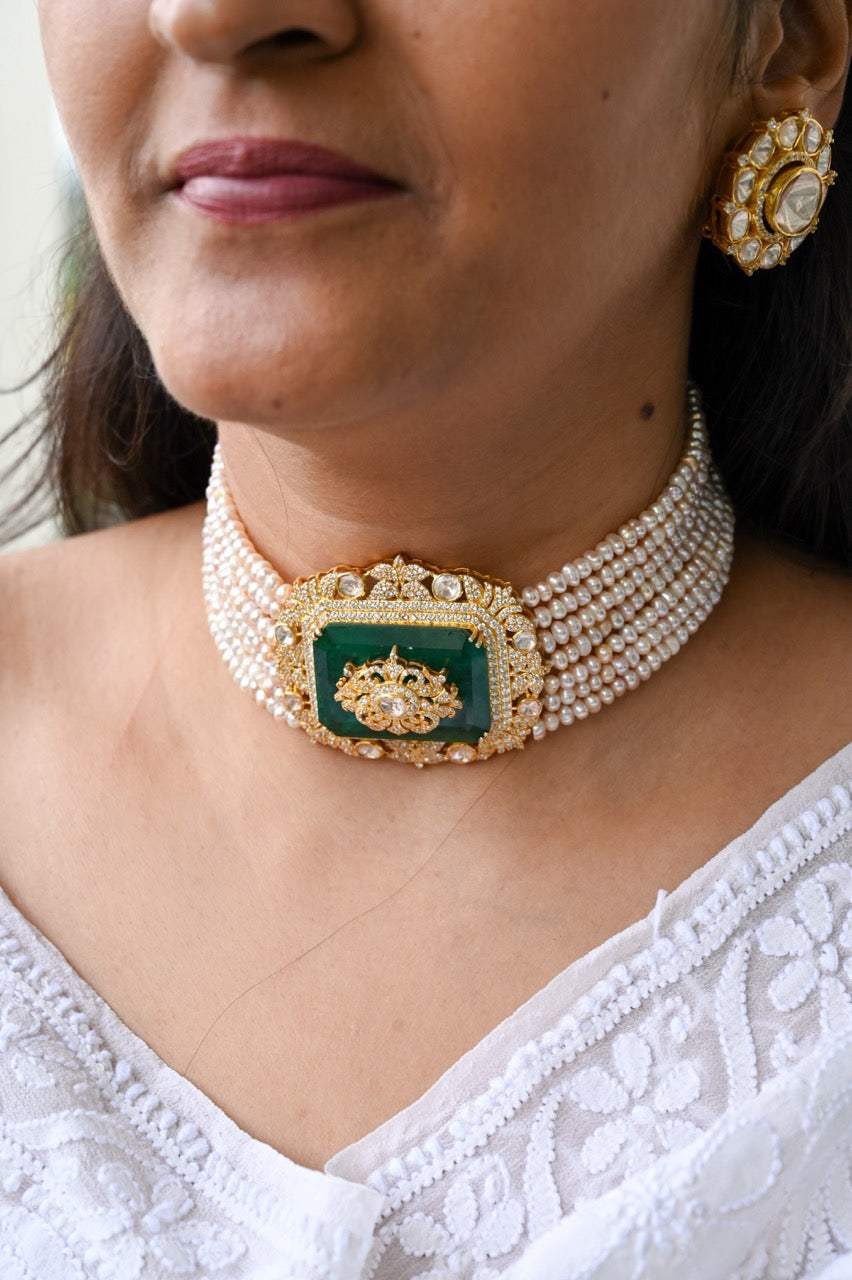 Handcrafted Choker with Emerald Doublet clubbed with Moissanite Polki Earrings