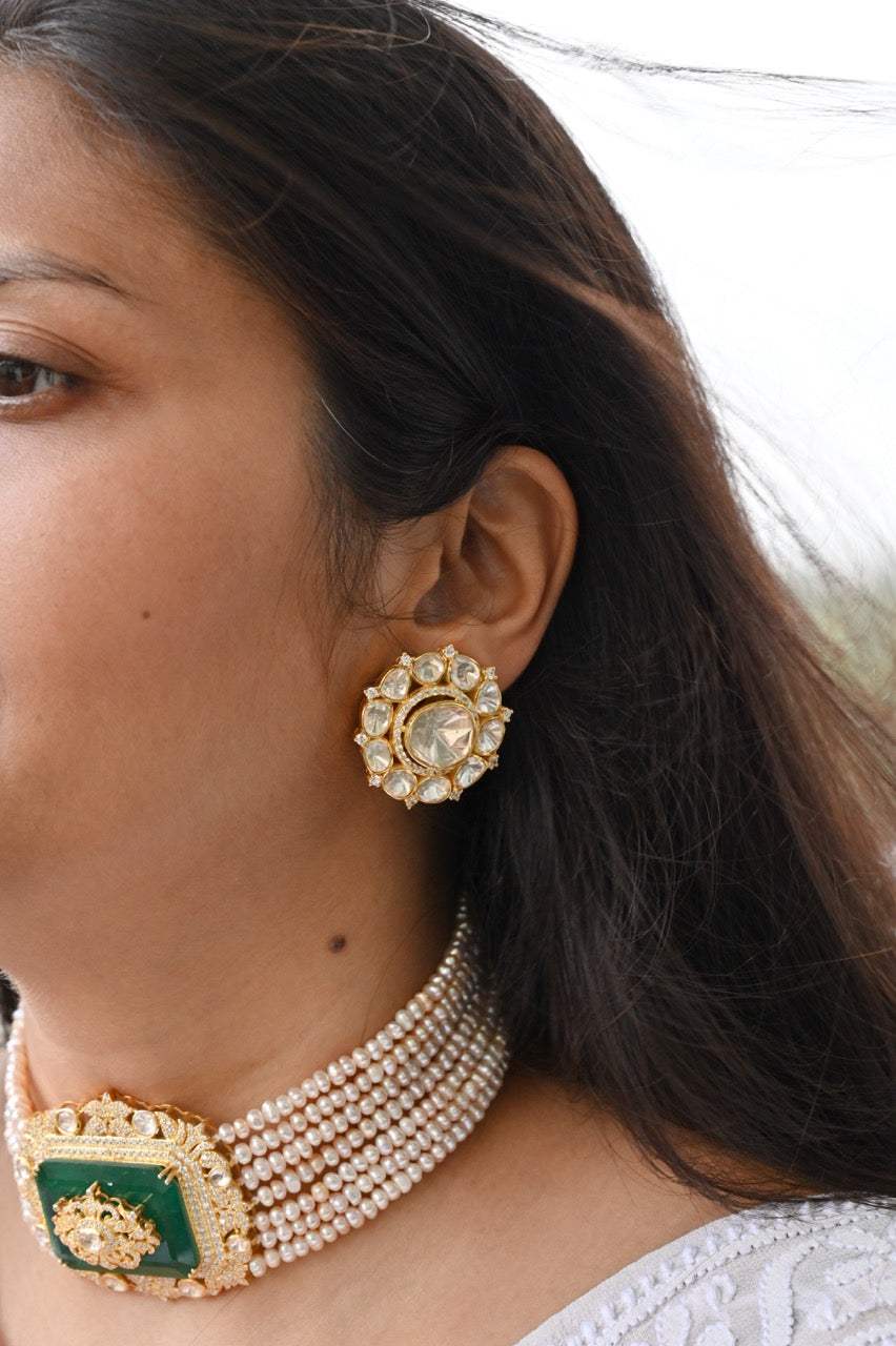 Handcrafted Choker with Emerald Doublet clubbed with Moissanite Polki Earrings