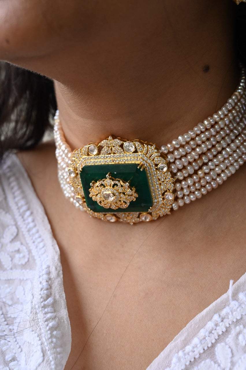Handcrafted Choker with Emerald Doublet clubbed with Moissanite Polki Earrings