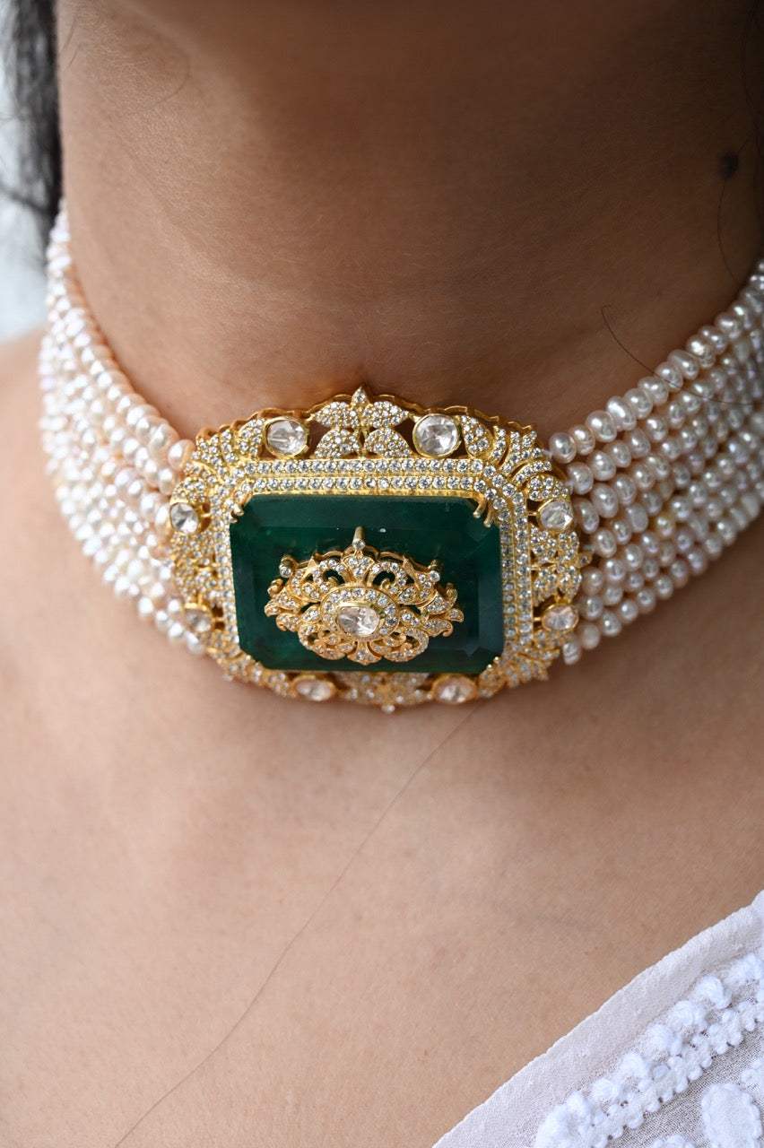 Handcrafted Choker with Emerald Doublet clubbed with Moissanite Polki Earrings