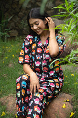 Black Colourful Owl Theme Cotton Printed Pajama Set