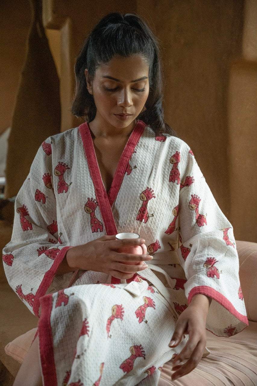 Cotton Waffle Handblock Printed Bath Robe
