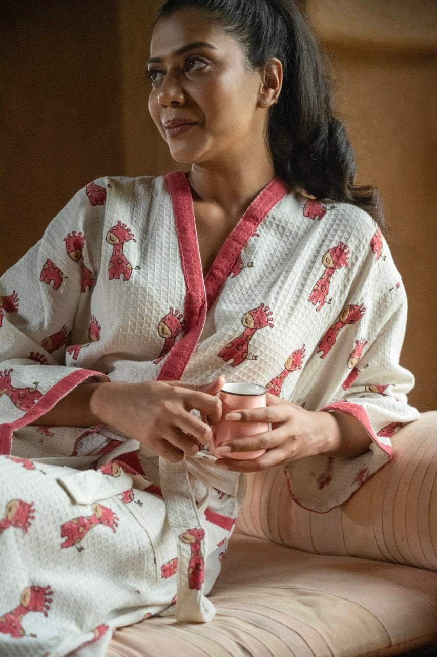 🦒 Cotton Waffle Handblock Printed Bath Robe