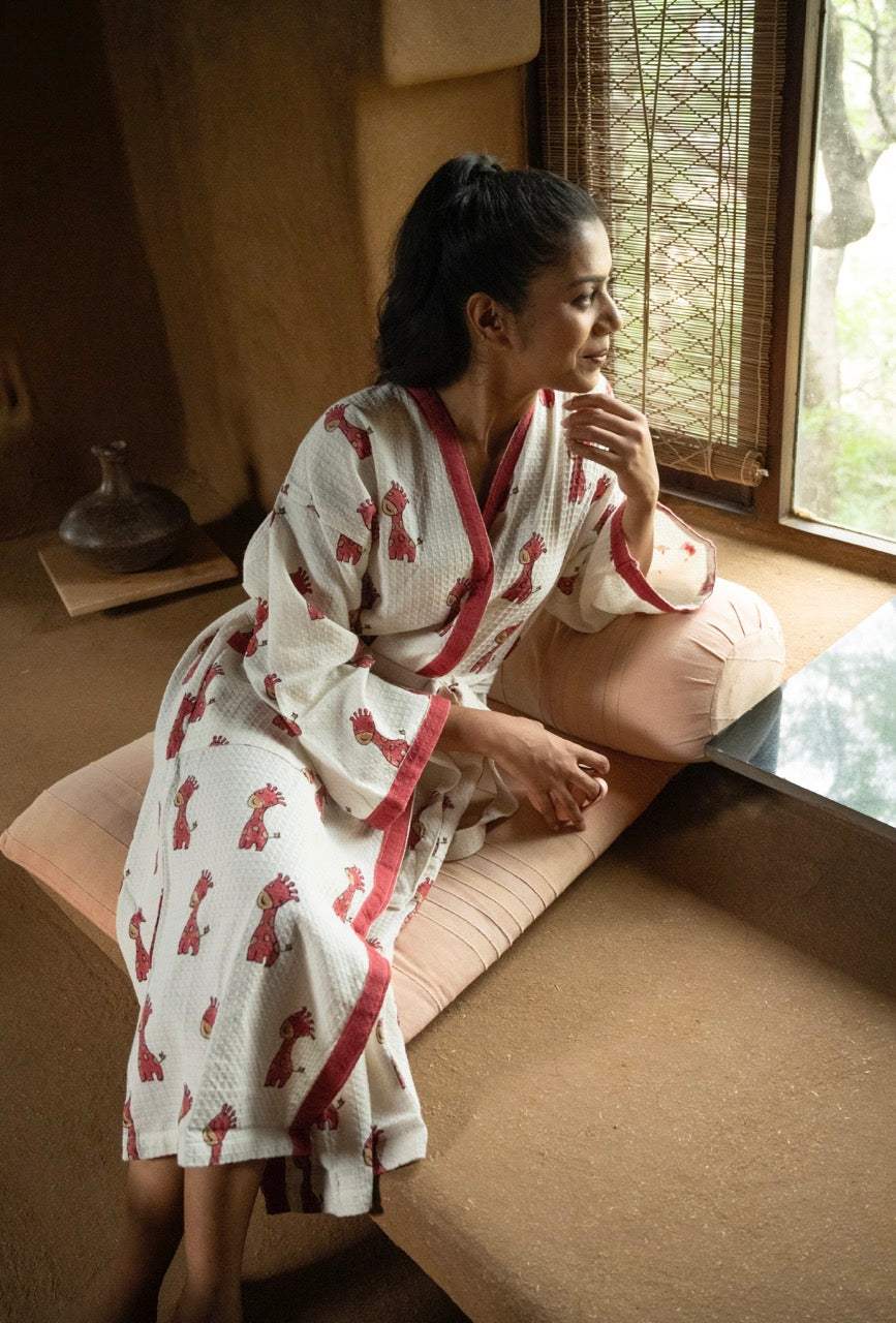 🦒 Cotton Waffle Handblock Printed Bath Robe