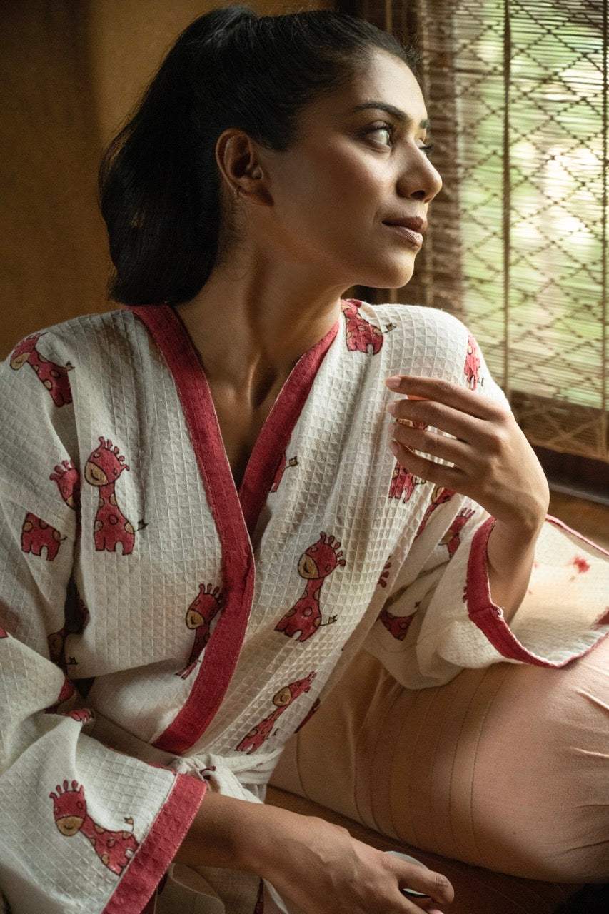🦒 Cotton Waffle Handblock Printed Bath Robe