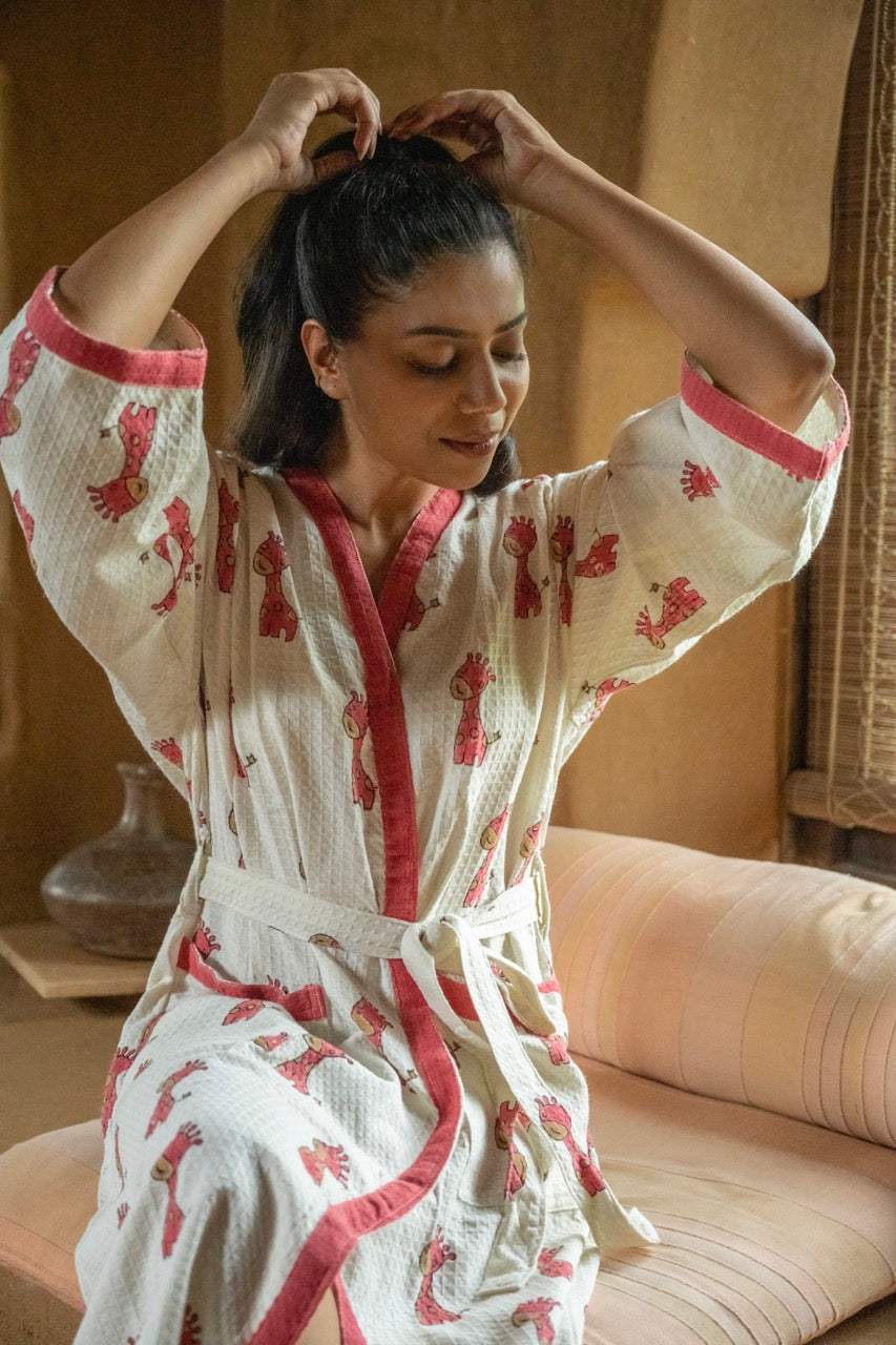 🦒 Cotton Waffle Handblock Printed Bath Robe