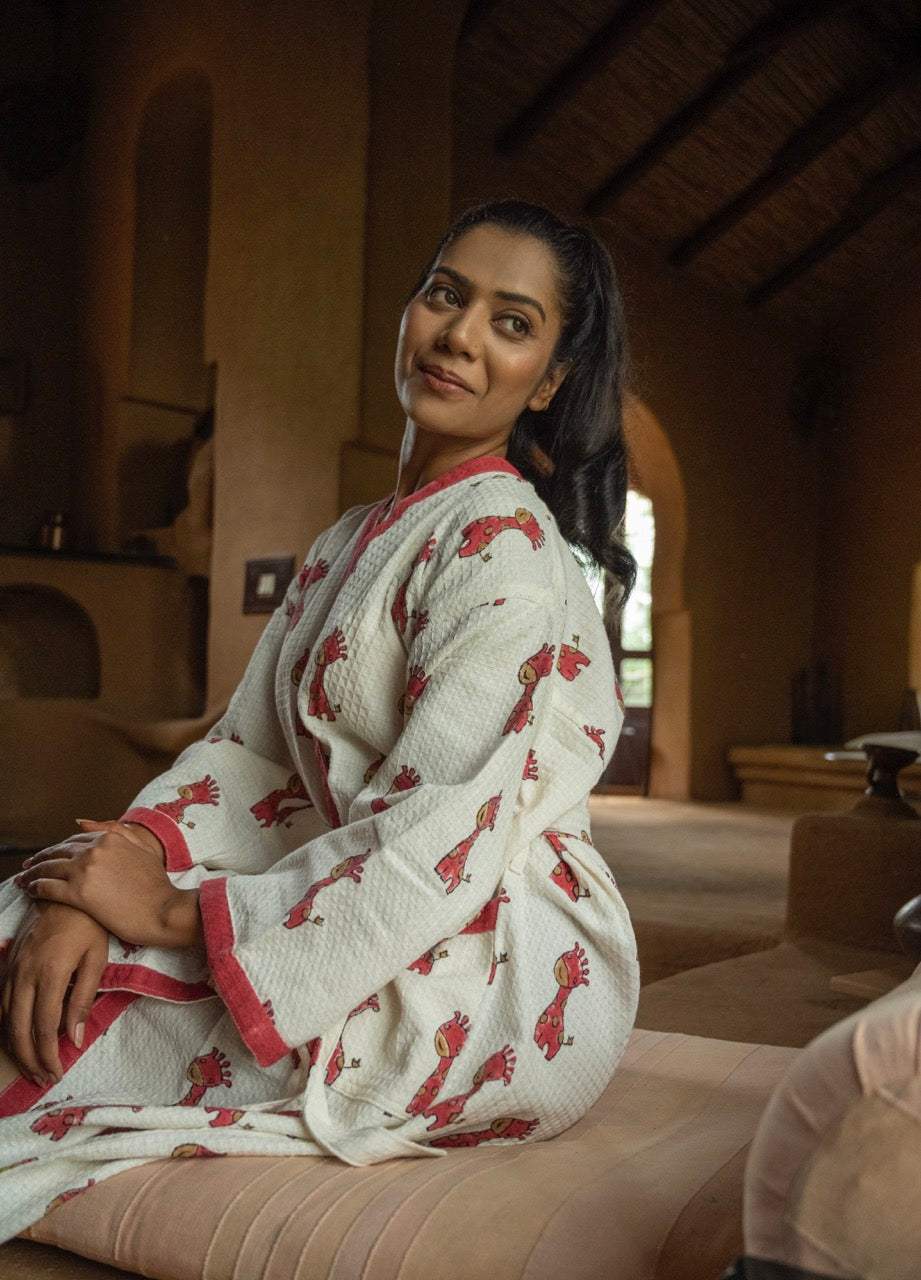 🦒 Cotton Waffle Handblock Printed Bath Robe