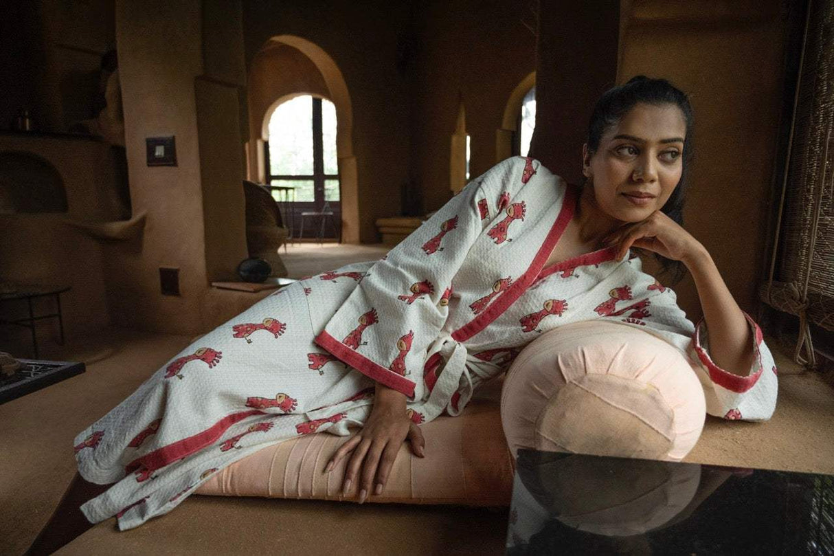 🦒 Cotton Waffle Handblock Printed Bath Robe