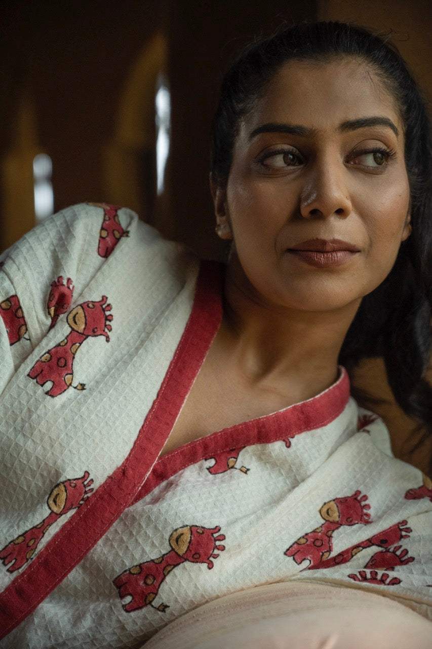 🦒 Cotton Waffle Handblock Printed Bath Robe