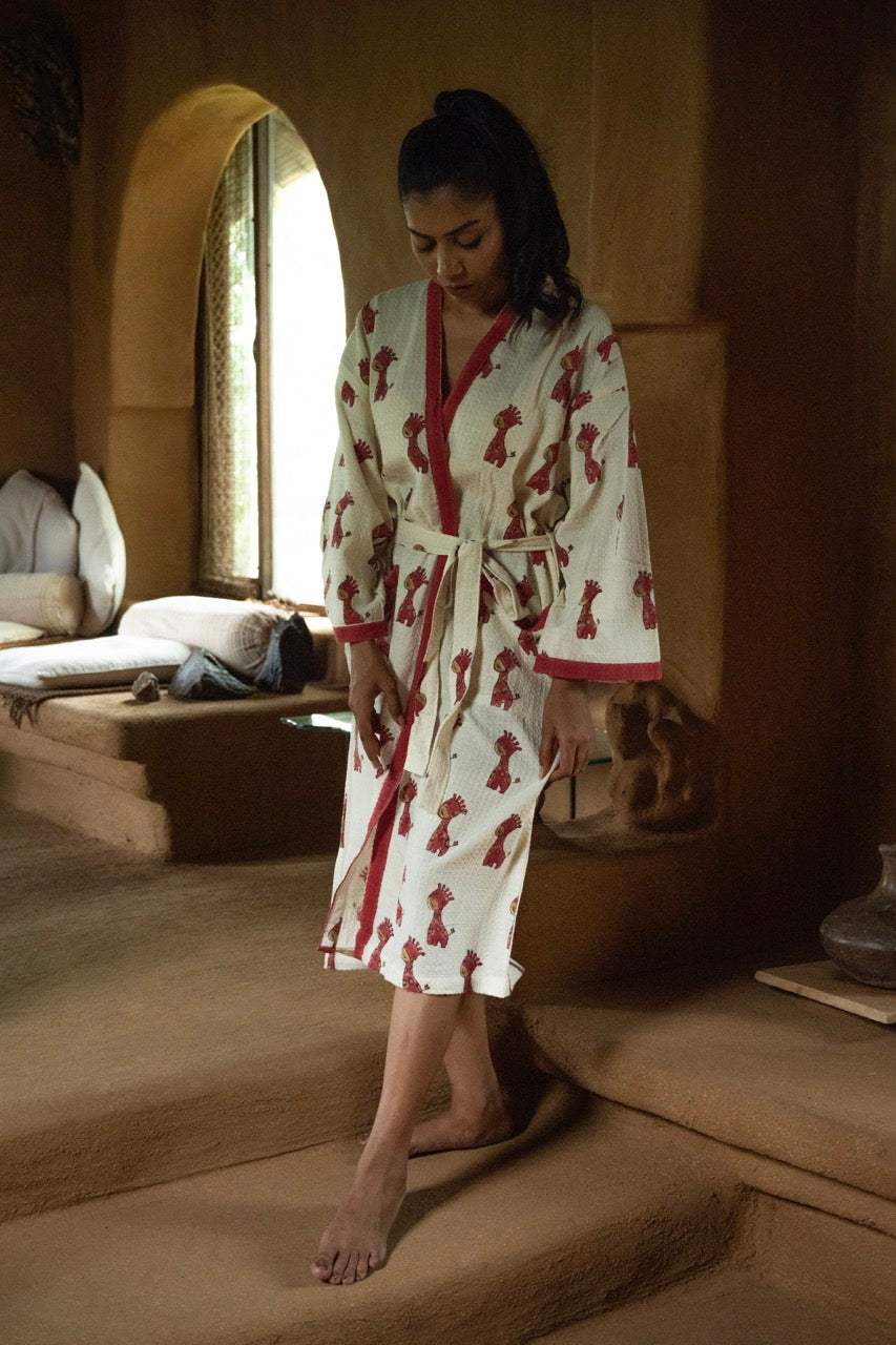 🦒 Cotton Waffle Handblock Printed Bath Robe