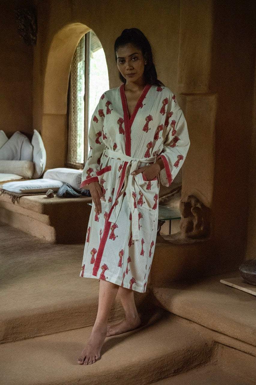 🦒 Cotton Waffle Handblock Printed Bath Robe