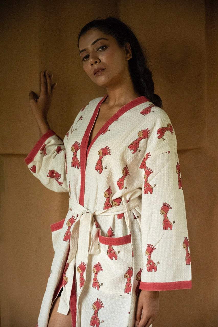 🦒 Cotton Waffle Handblock Printed Bath Robe