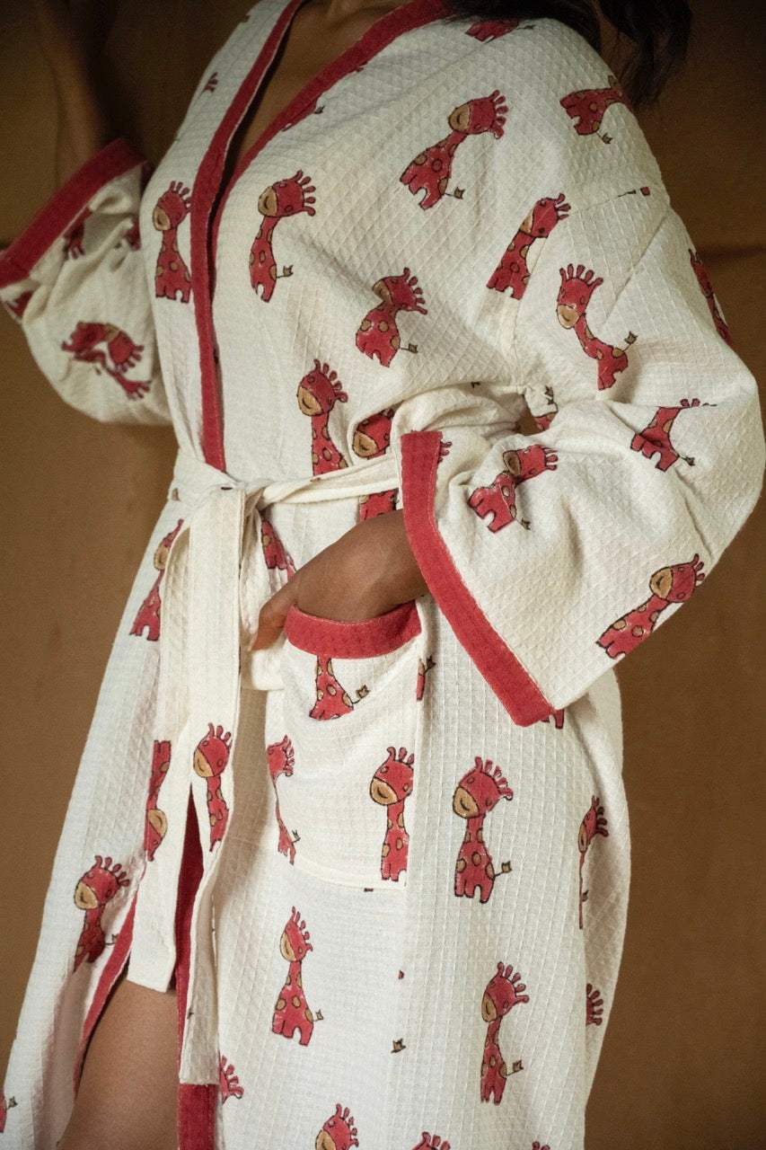 🦒 Cotton Waffle Handblock Printed Bath Robe