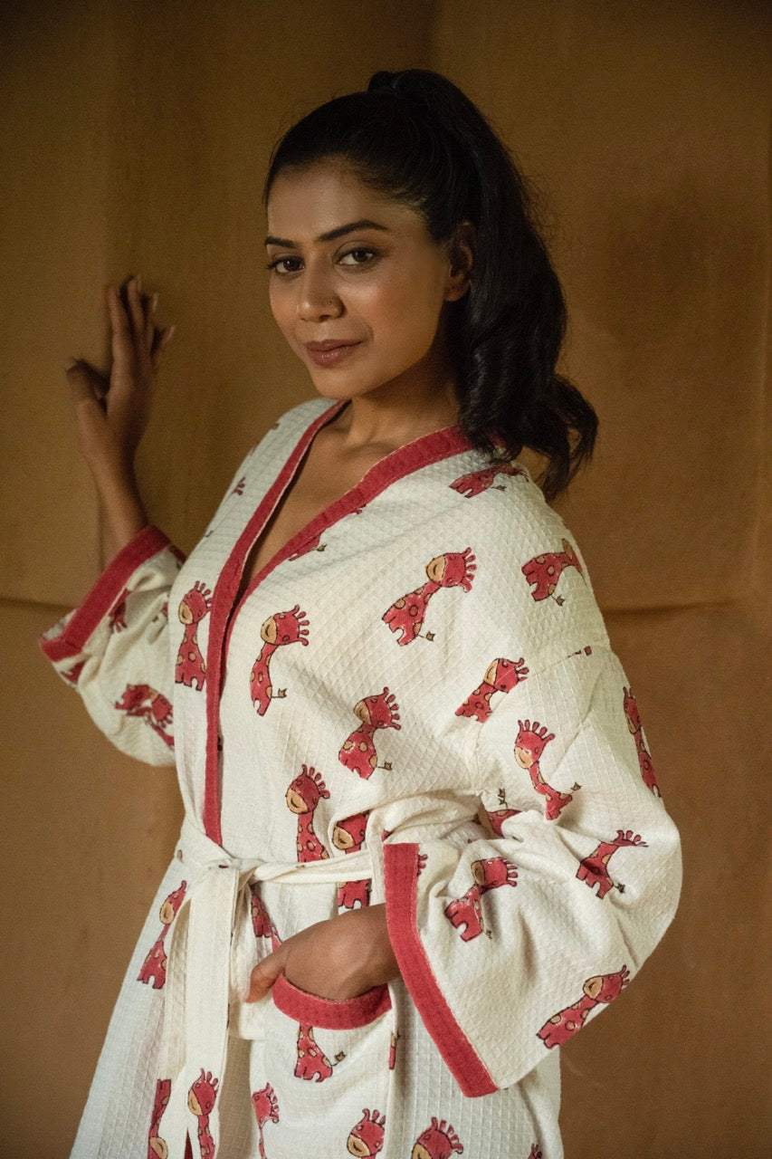 🦒 Cotton Waffle Handblock Printed Bath Robe