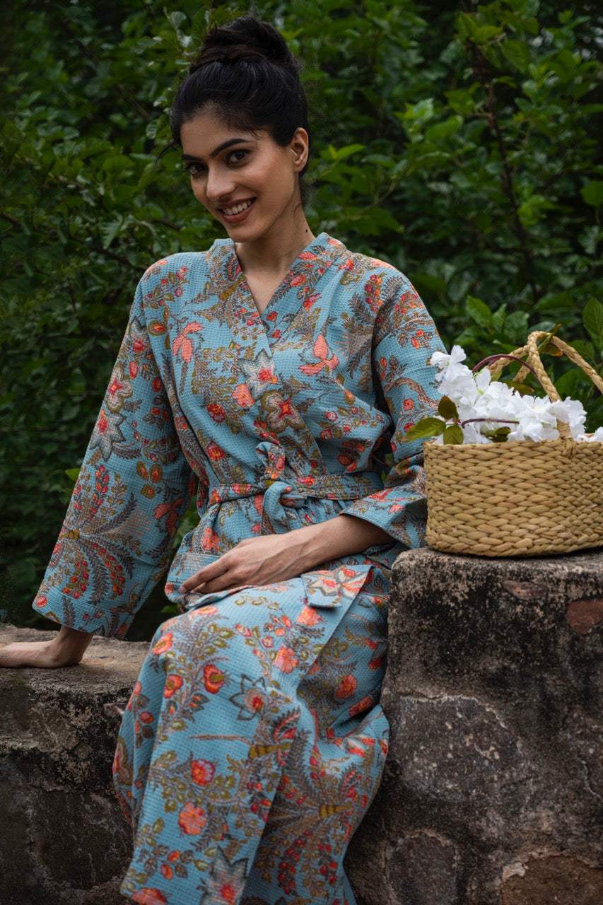 Cotton Waffle Printed Bath Robe