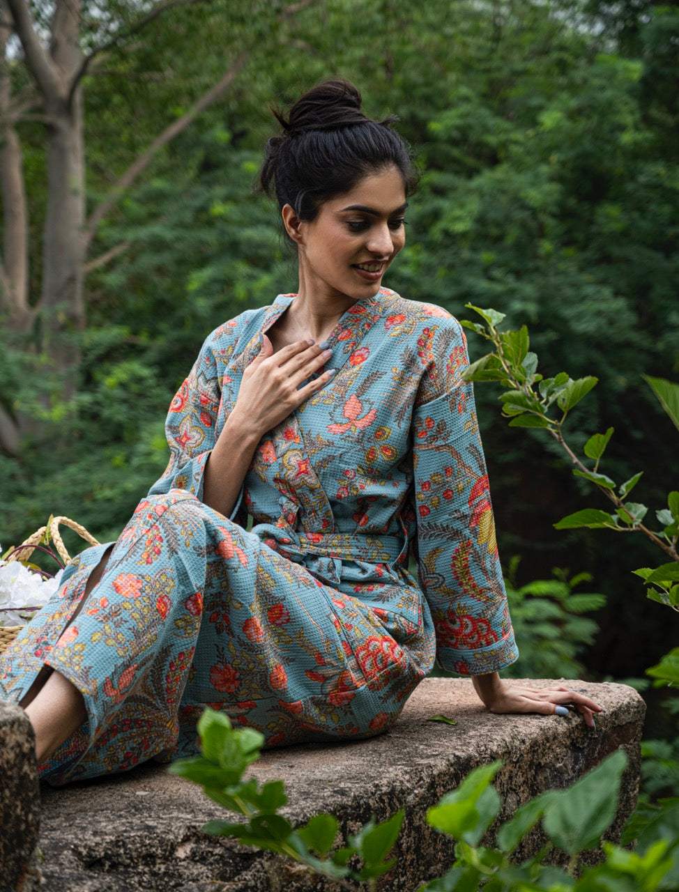 Cotton Waffle Printed Bath Robe