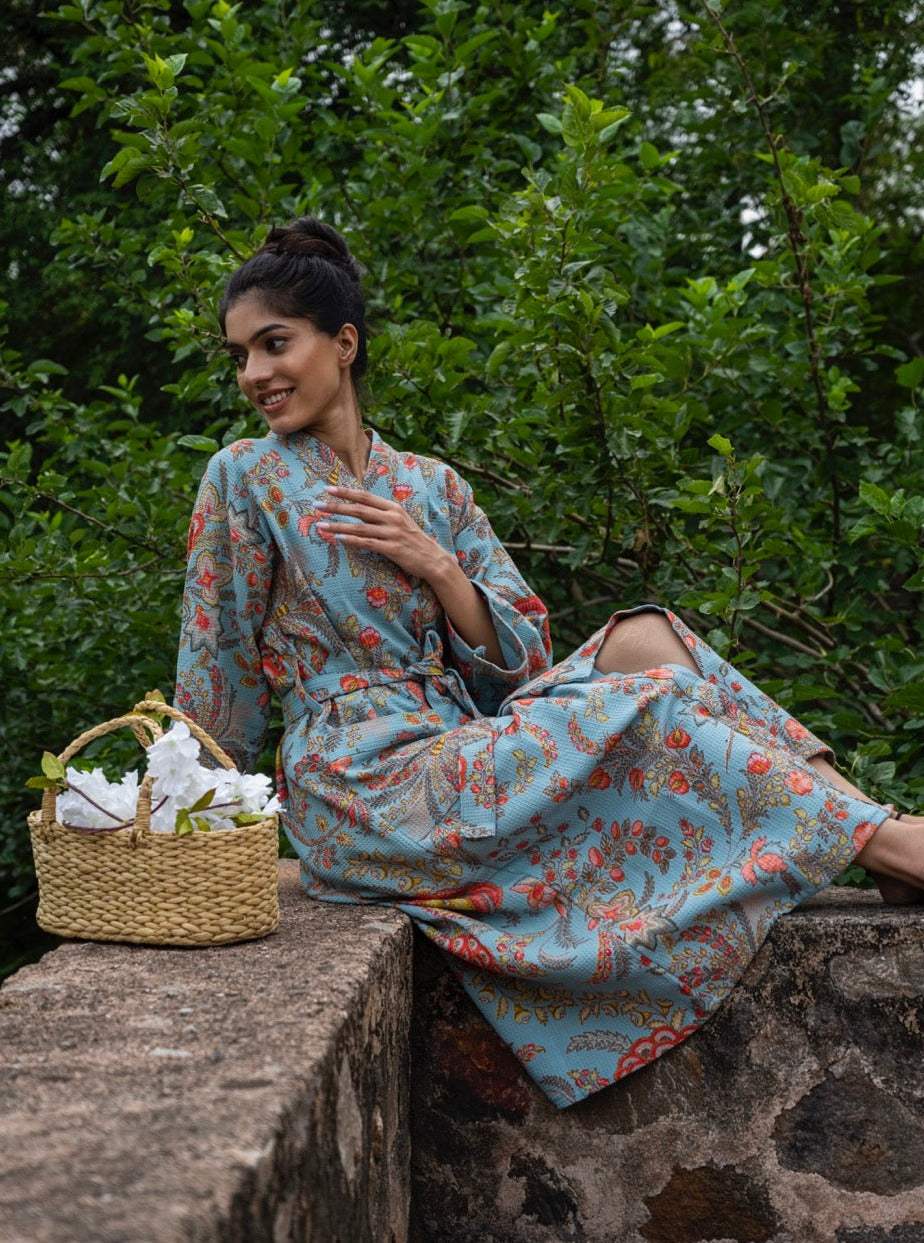 Cotton Waffle Printed Bath Robe