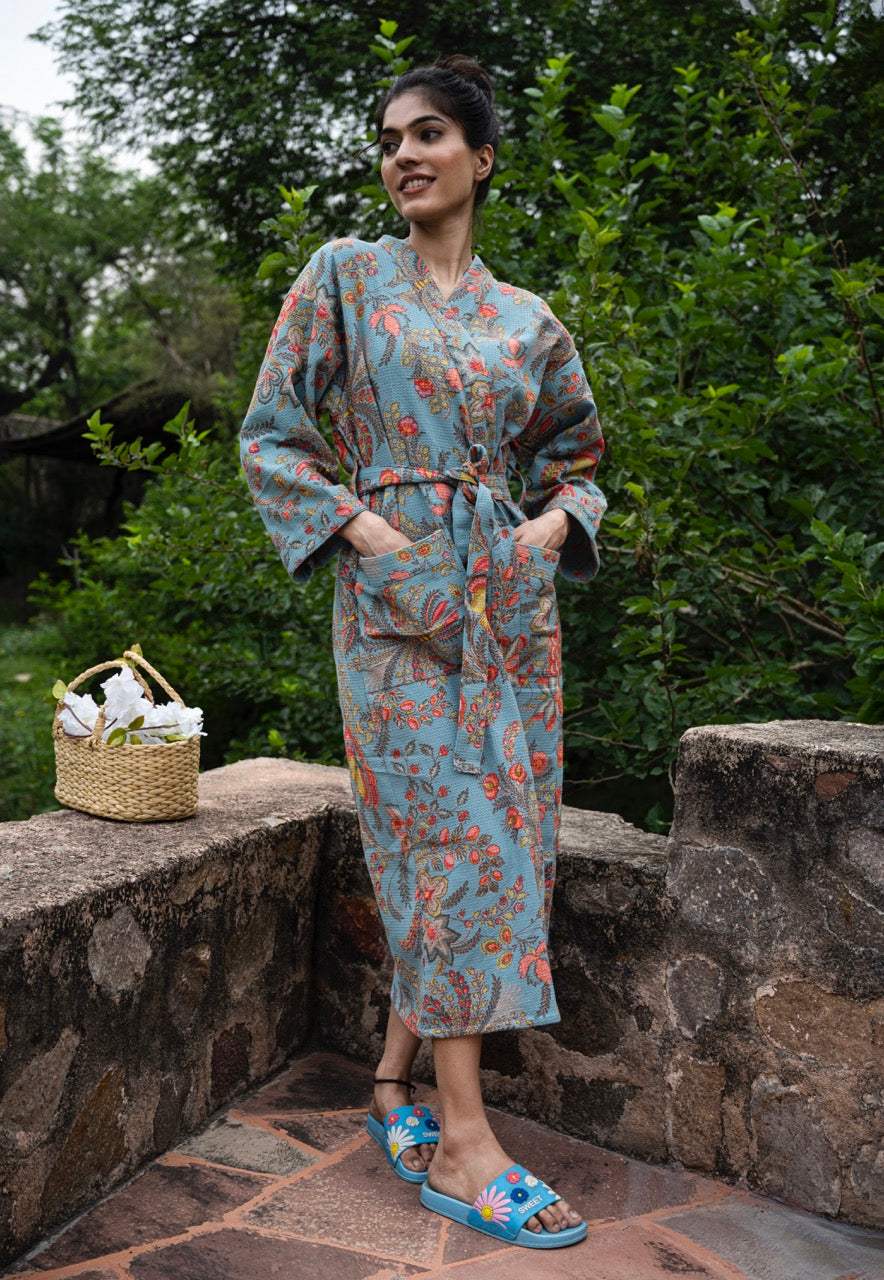 Cotton Waffle Printed Bath Robe