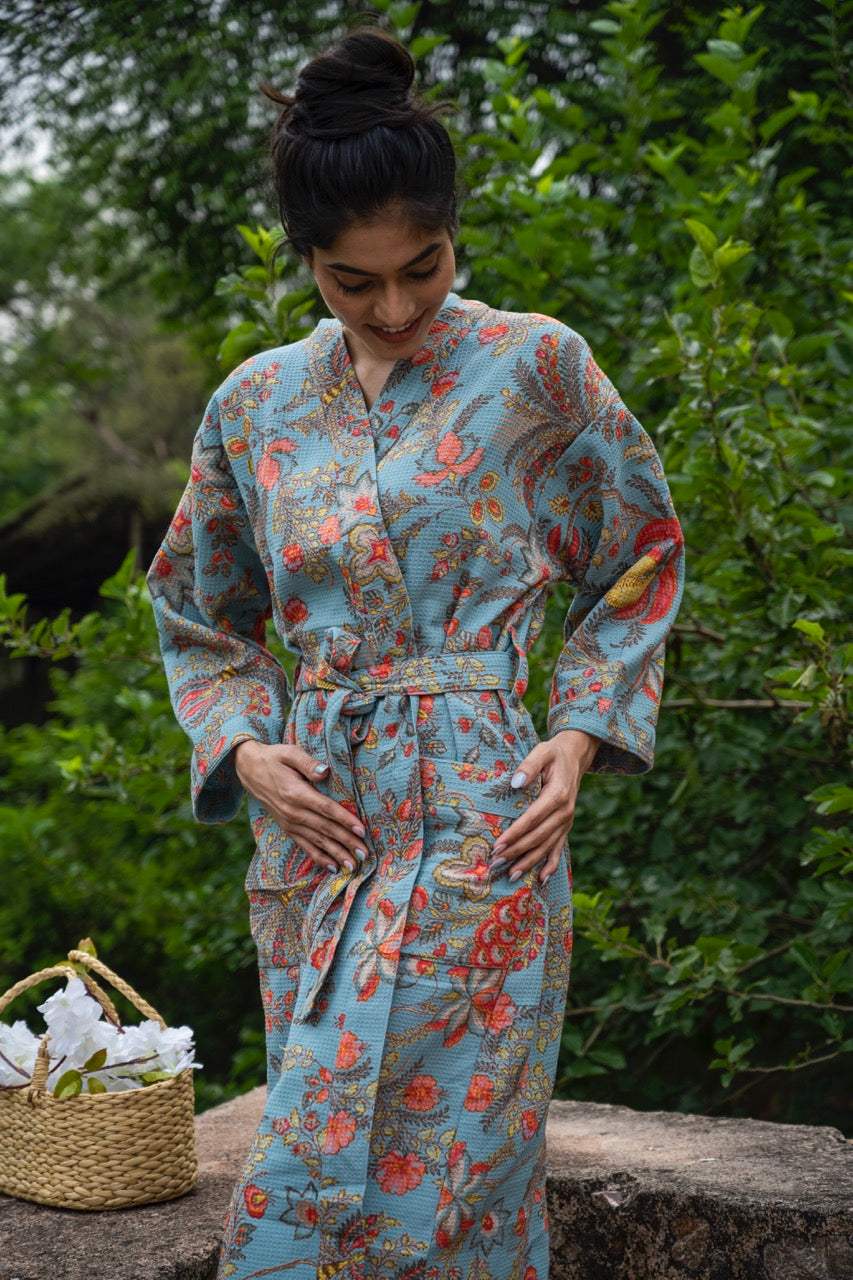 Cotton Waffle Printed Bath Robe