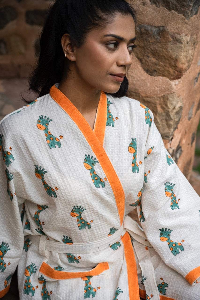 Giraffe Cotton Waffle Handblock Printed Bath Robe