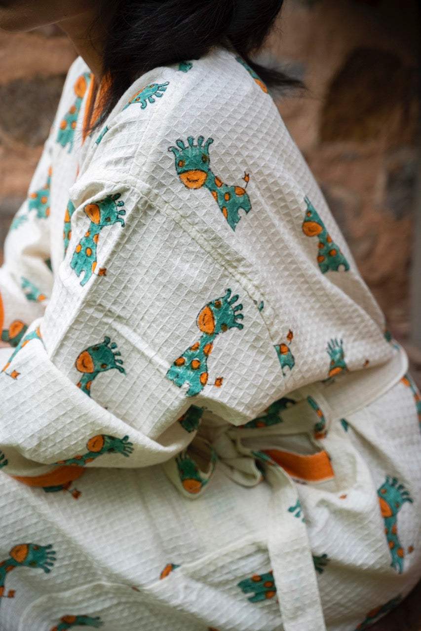 Giraffe Cotton Waffle Handblock Printed Bath Robe