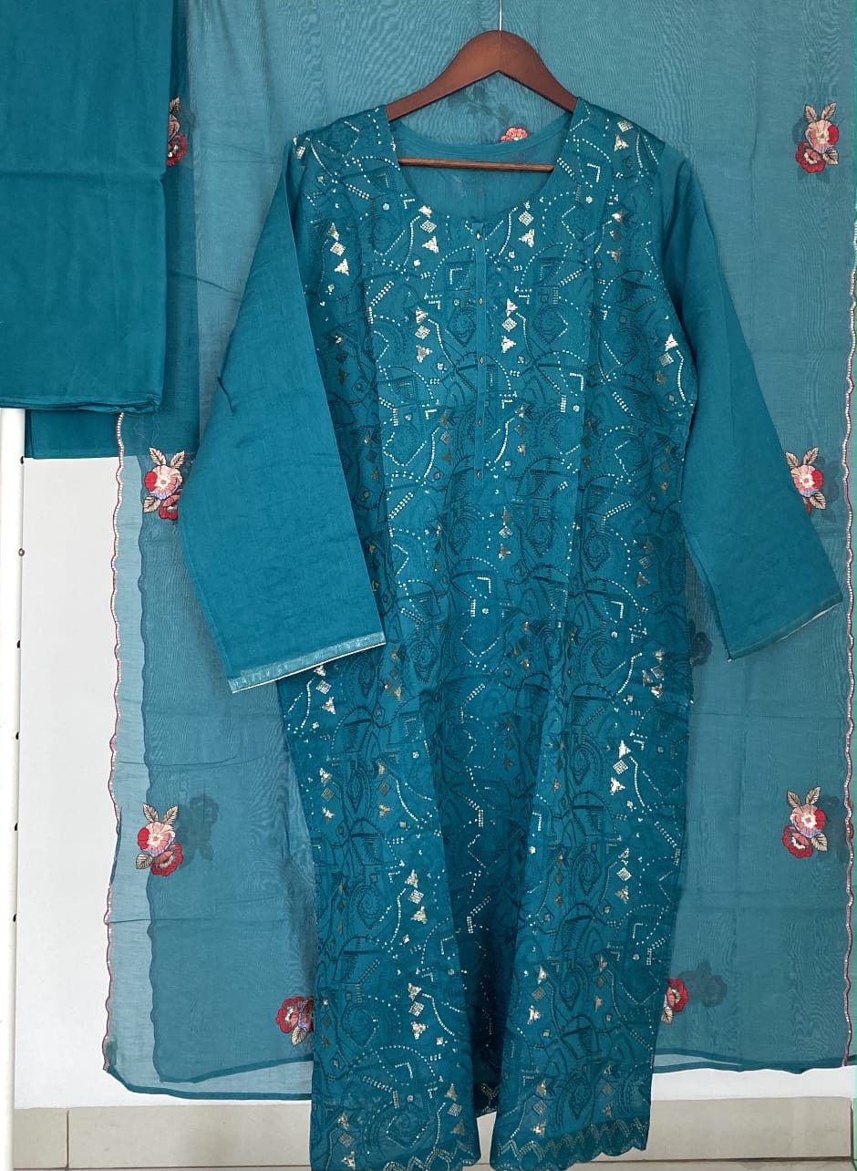 Deep-Teal-Mul-Chanderi-Embroidered-Semi-Stitched-Kurta-Set