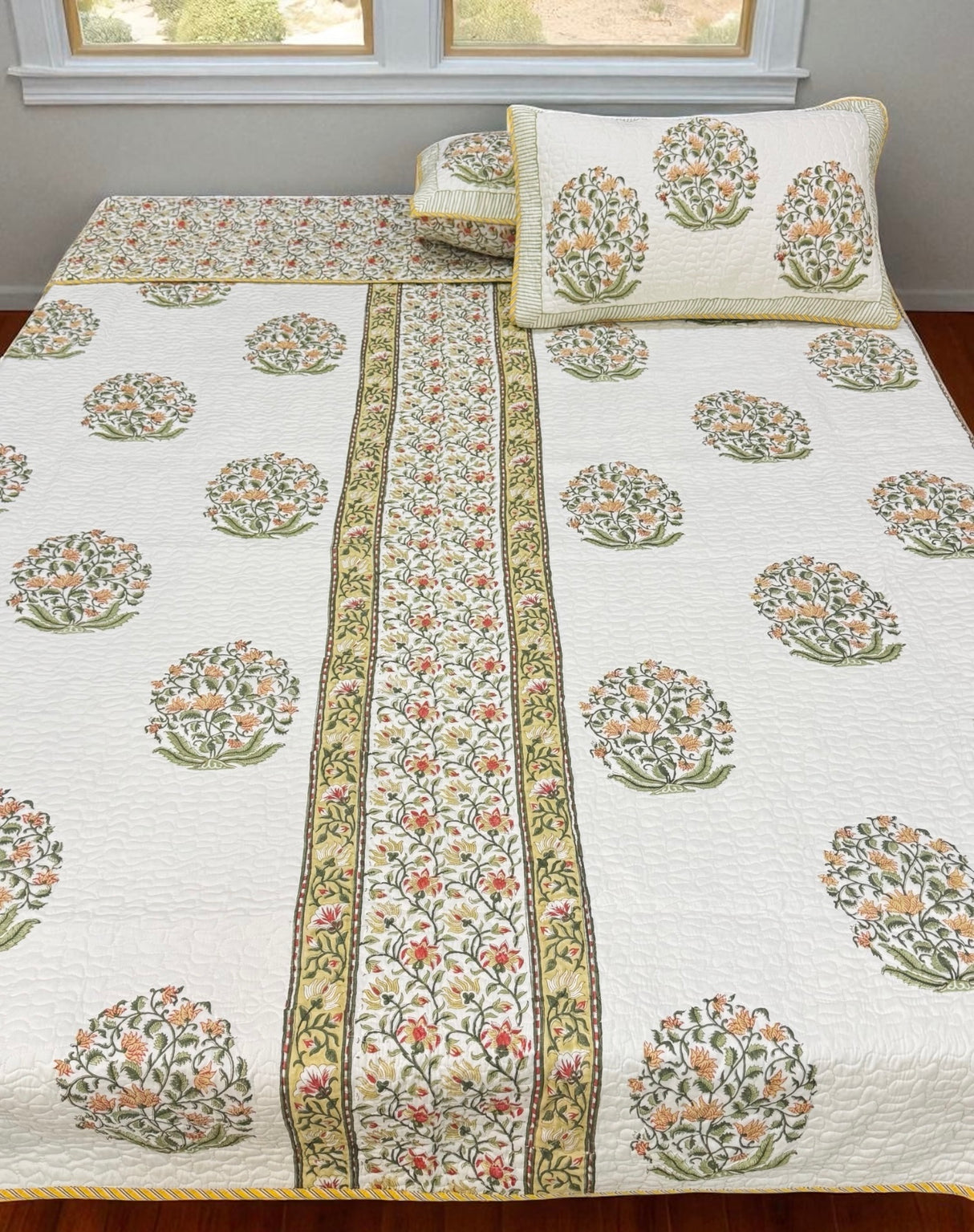 Double Size Quilted Blockprint REVERSIBLE Mulmul Bedcover (90*108 inches)