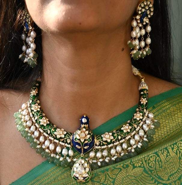 Mayura Vaibhav - Handcrafted 92.5 Silver Peacock Theme Meenakari Hasli with Earrings
