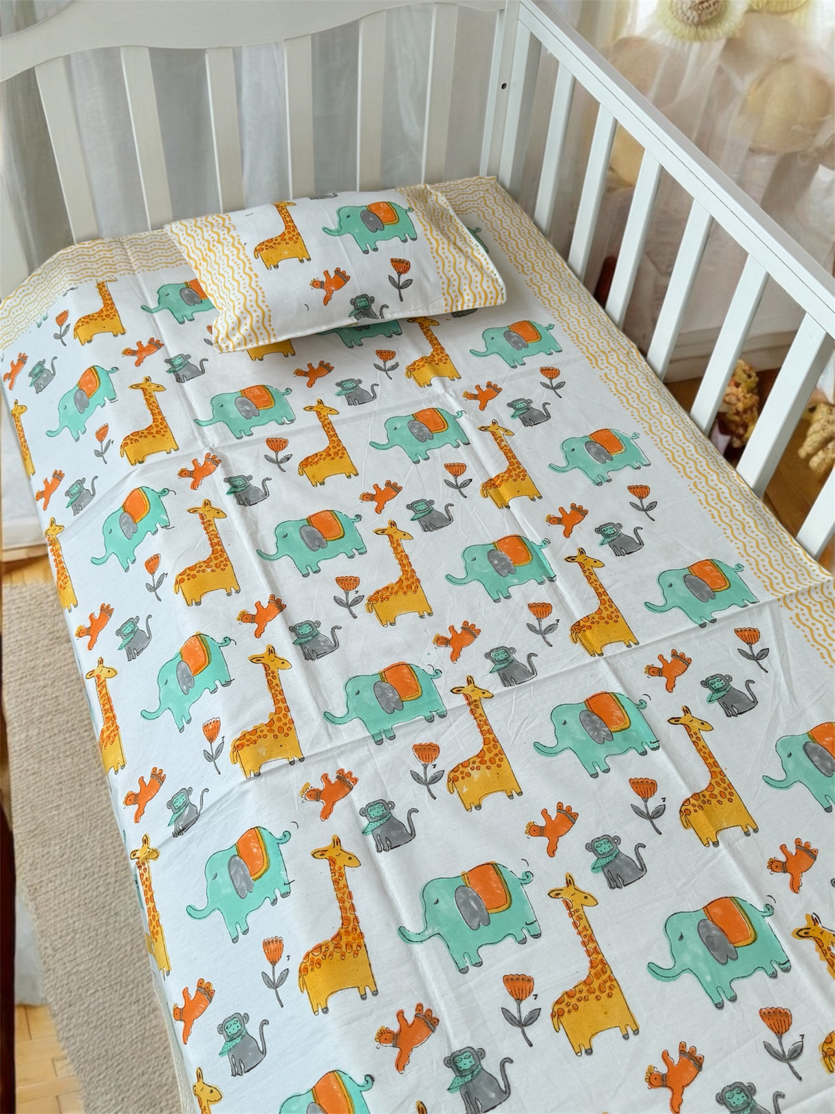 Adorable Giraffe Elephant- Baby Cot Bedding (cot sheet, dohar, pillowcase)