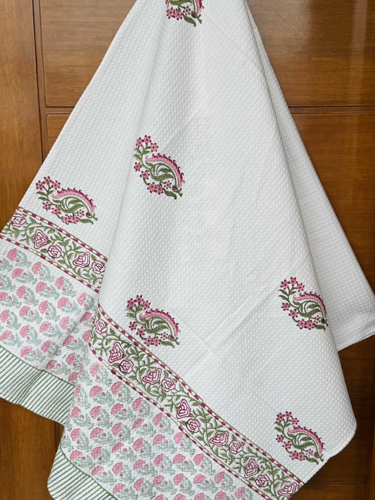 Beautiful Pink Blockprint Cotton Towel – Waffle Weave
