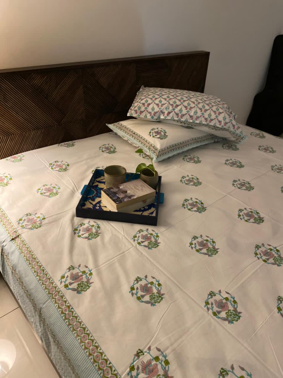 Bird Motif Hand Block Cotton Bedsheet & Quilt Set