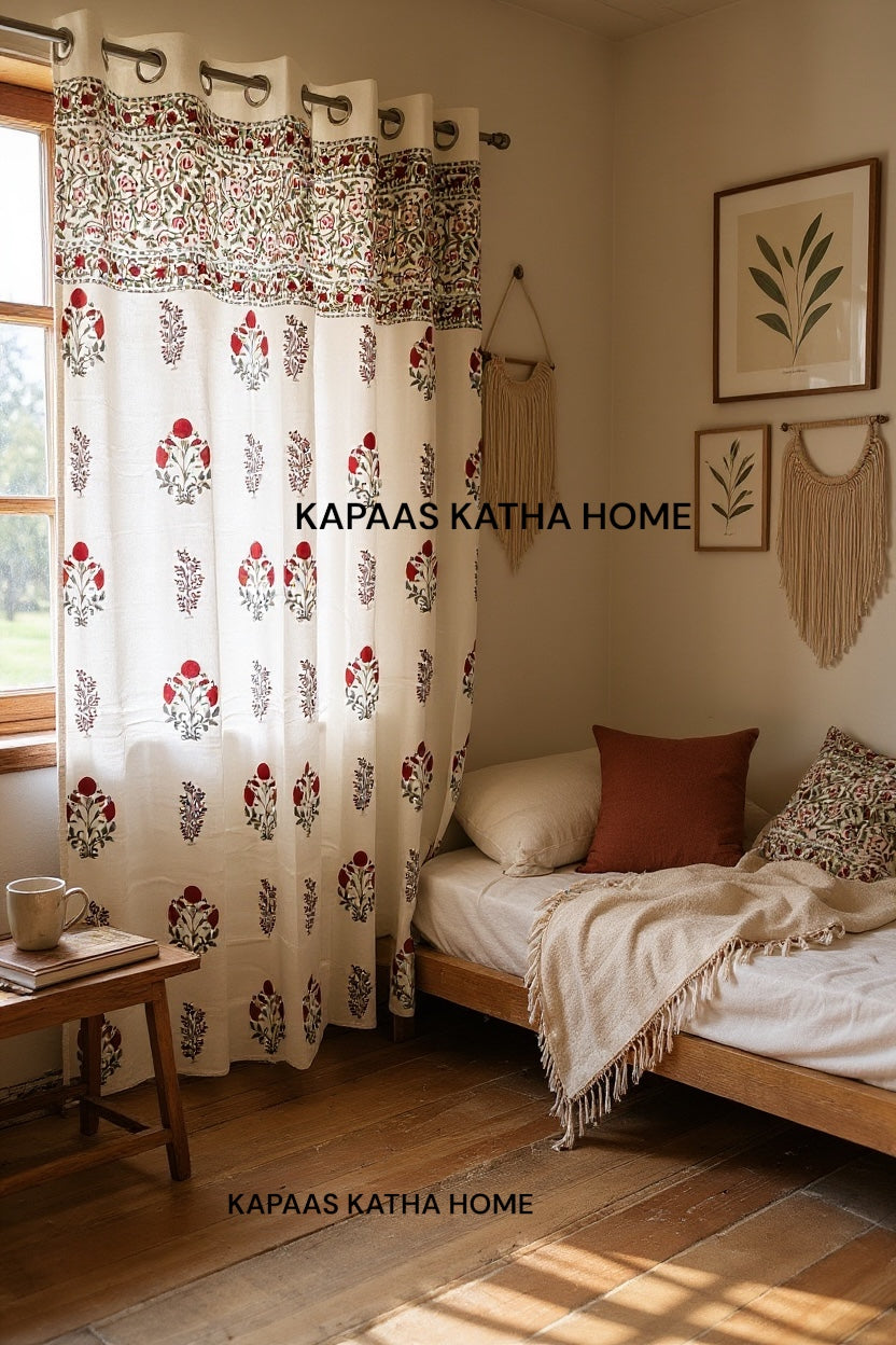 Pair of Red Elegant Blockprint Cotton Curtains (Set of 2)