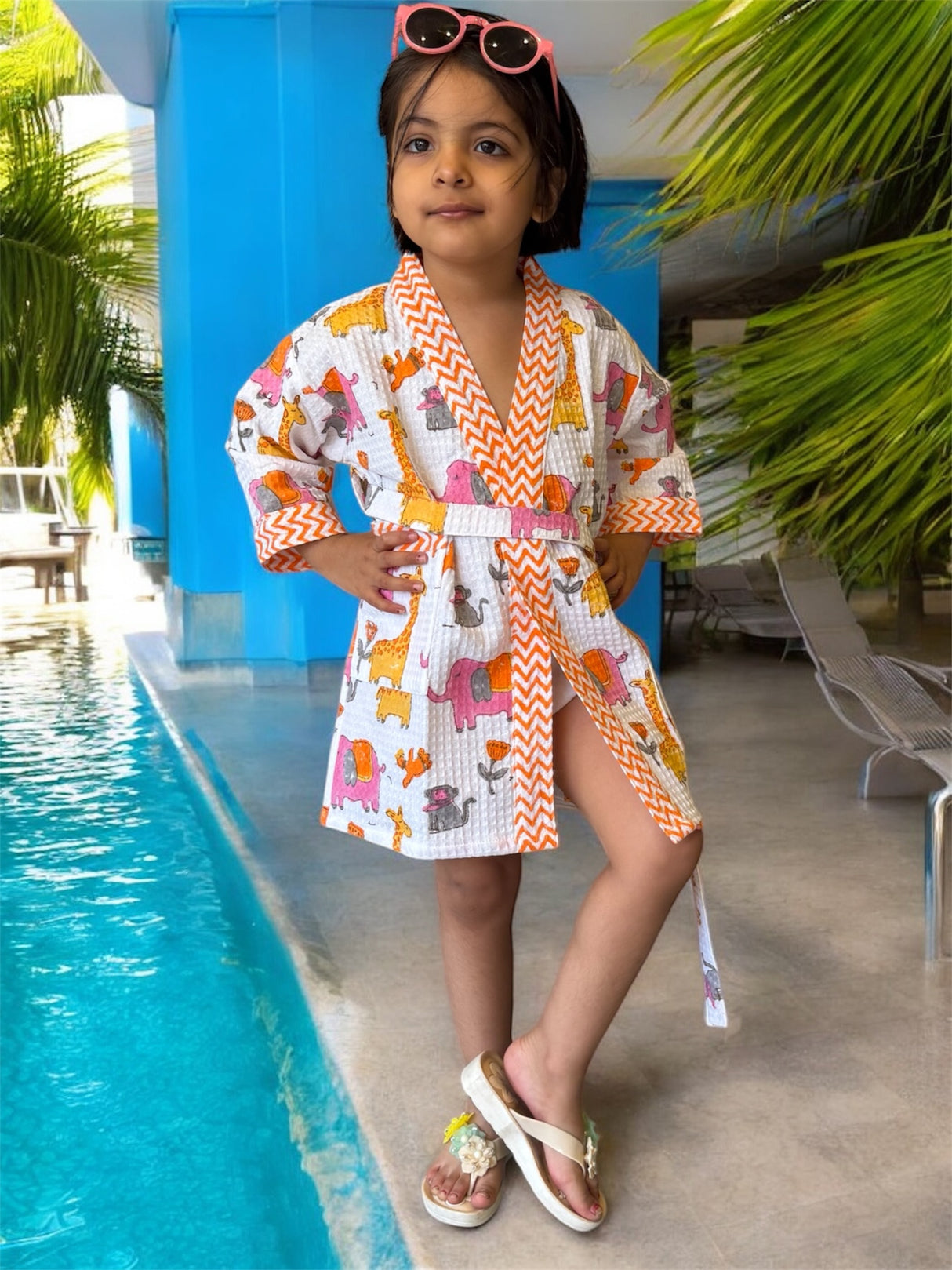 Jungle Kids Bathrobe-Cotton Waffle Blockprint