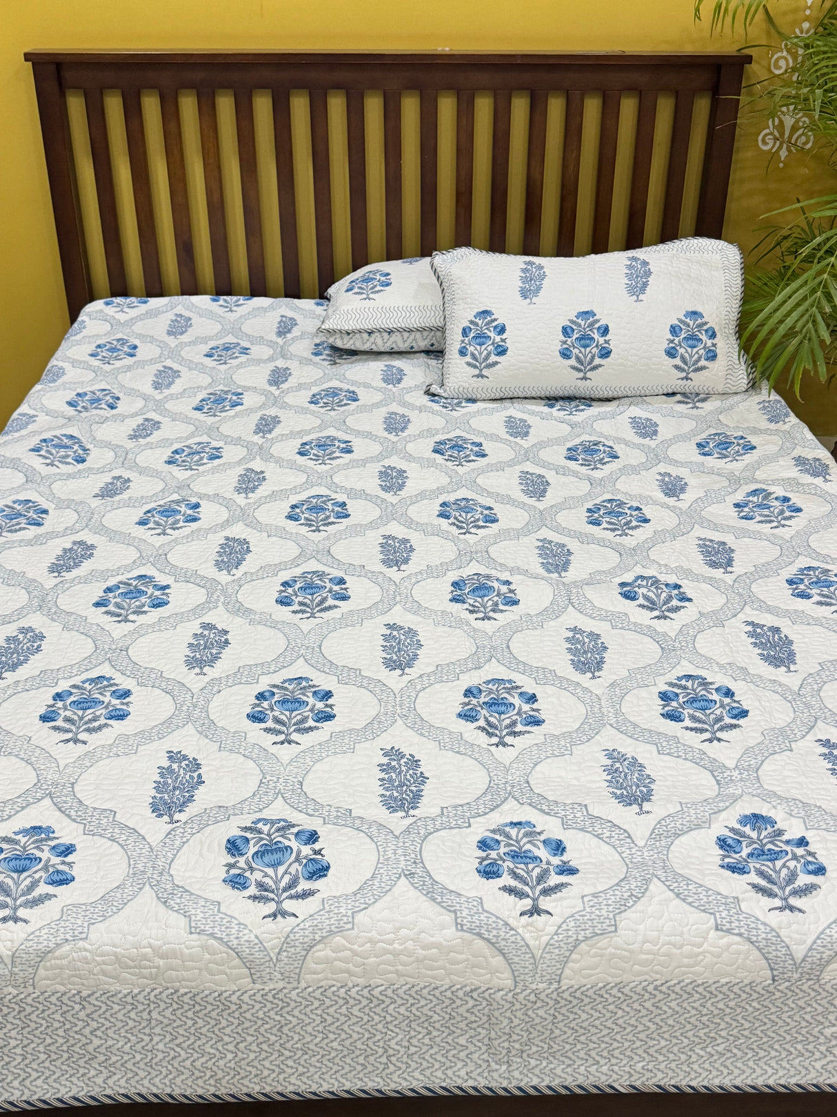 KING Size Quilted Blockprint REVERSIBLE Mulmul Bedcover (108*108 inches)