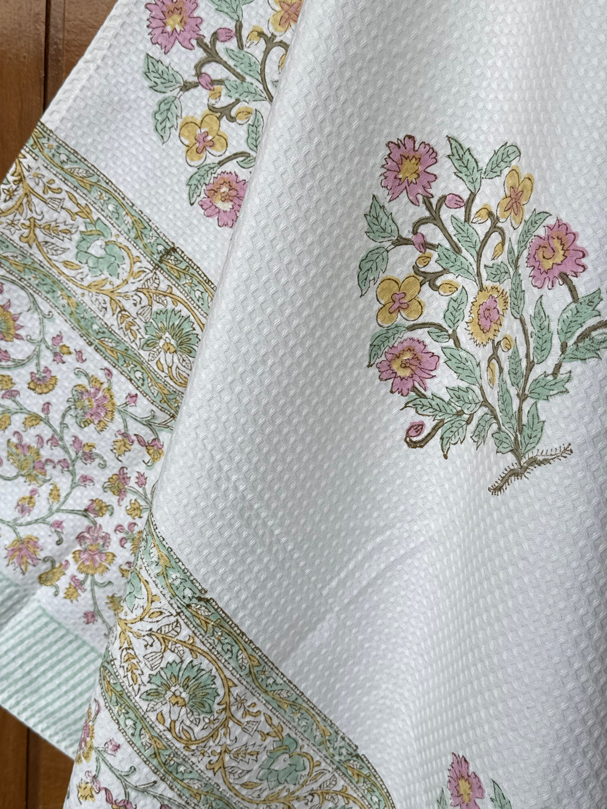 Pastel Floral Blockprint Cotton Towel- Waffle Weave